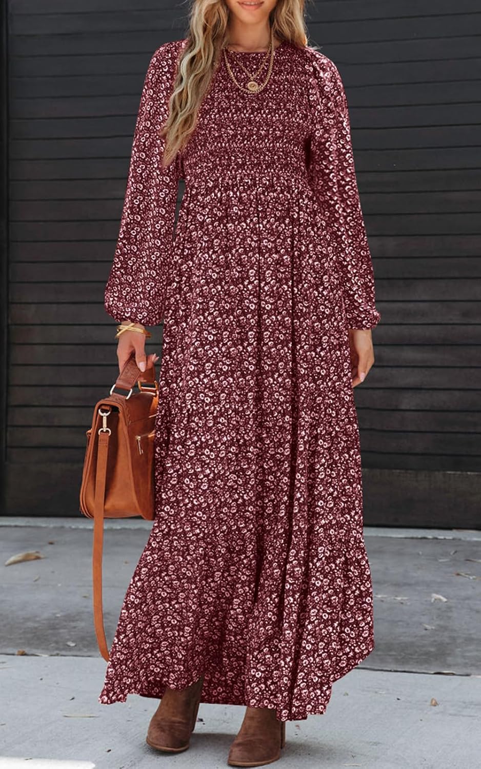 PRETTYGARDEN Women's Spring Dresses 2026 Long Sleeve Flowy Casual Floral Maxi Dress Crew Neck Smocked Tiered Long Dress - Image 4