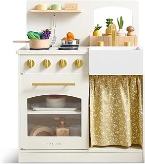 Tiny Land Play Kitchen for Toddlers, Wooden Kids Kitchen Playset with Cutting Food & Cookware, Natural Aesthetic Pretend Kitchen Toy for Small Spaces