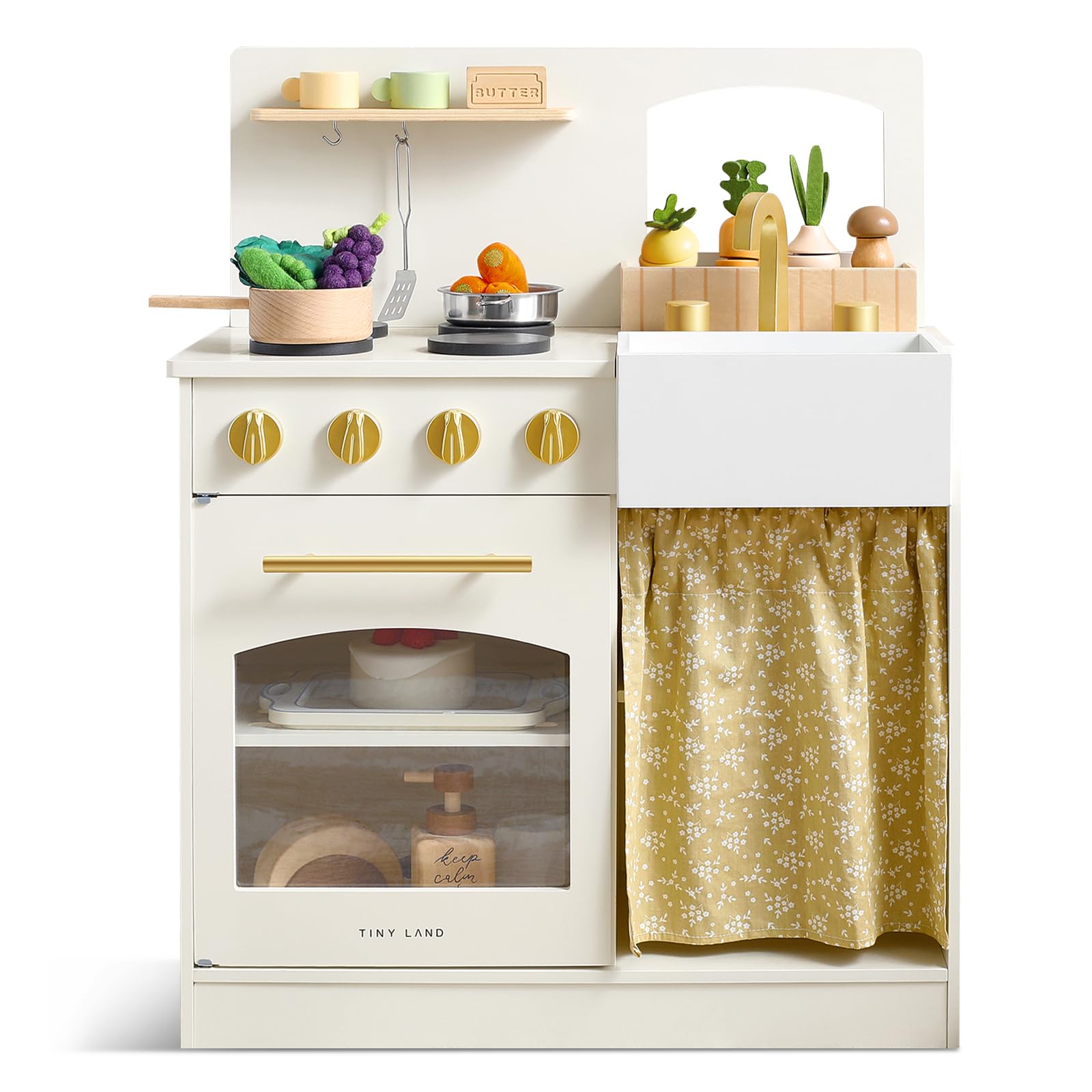 Wooden Play Kitchen, Toddler Kitchen with Cutting Food Set, Kids Kitchen Playset Toys for Girls & Boys, Educational Role Play Gift for Small Spaces