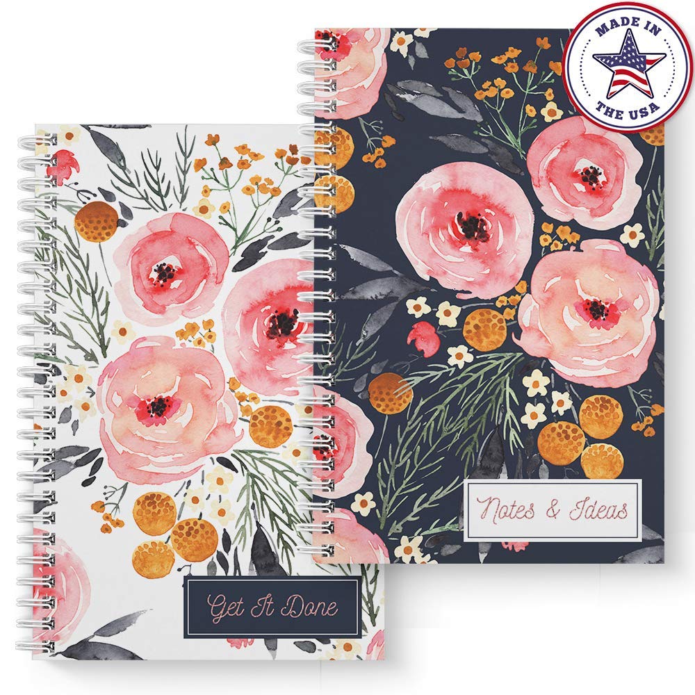 Mountain Floral: 2-Pack Wirebound Spiral Notebook Set. Two Chic Designs with 120 College Ruled and Checklist Paper. Journal sizes: 5.5" x 8.5"