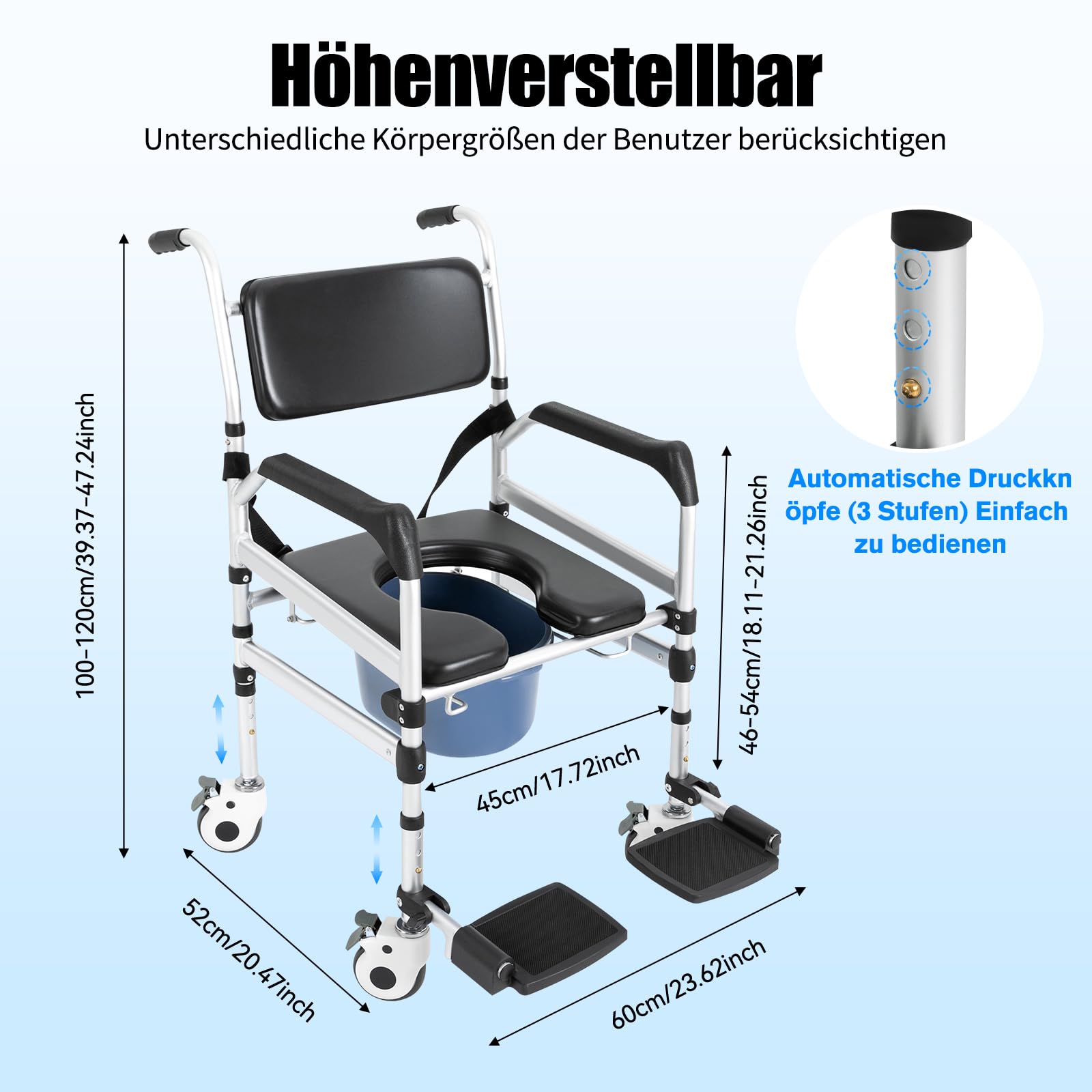 Dusch-Toilettenrollstuhl mit 4 Feststellbaren Rädern, 3-in-1 WC-Duschstuhl Faltbar Toilettenstuhl Senioren Tragbarer Badezimmerstuhl, 160kg Tragfähigkeit Rutschfester für Behinderungen Schwangere