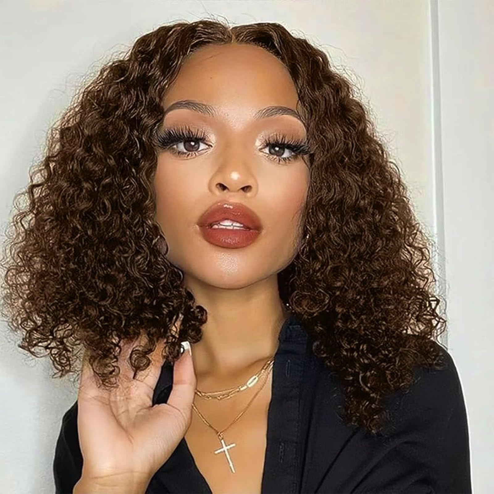 Chocolate Brown Curly Lace Front Bob Wig Human Hair Brown Deep Wave 13x4 HD Lace Front Wigs Human Hair For Women 180% Density Glueless Curly Wigs Pre Plucked 12 Inch