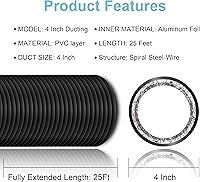 Vista 4 de Manguera de ventilación de aluminio de 4 pulgadas, conducto de aire flexible de 25 pies con 2 abrazaderas, diseño resistente de 4 capas para HVAC