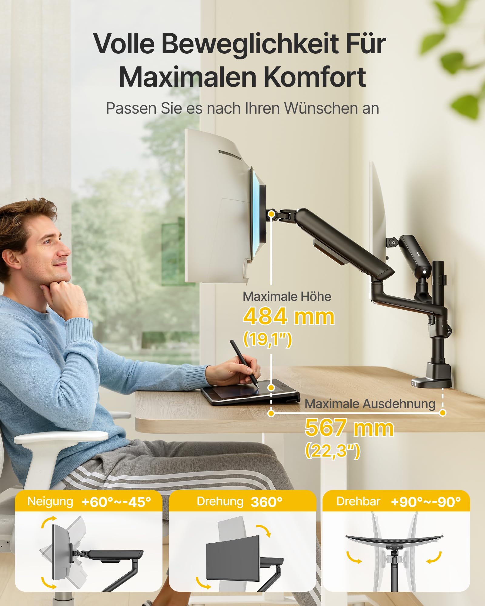 monTEK Monitor Halterung 2 Monitore für 17-35 Zoll Bildschirme | Bis zu 12kg, Hoch Monitor Arm mit USB, 360° Drehbar, VESA 75/100, Neigbar, Schwenkbar, Drehbar