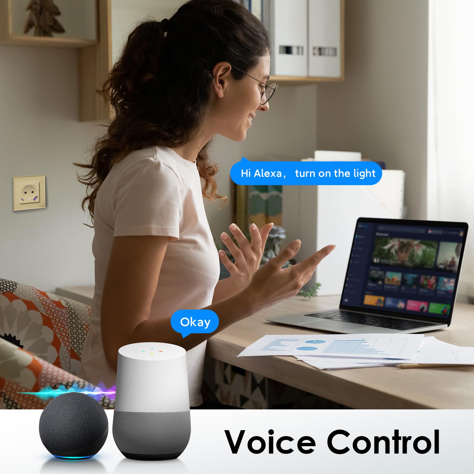 BSEED Wifi Schuko Dubbele Stopcontact met USB C 20W Snellader, Slimme Wifi Inbouwstopcontact voor Alexa/Google Home, Elektriciteitsmeter voor Stopcontact met Smart Life/Tuya app, 2 Voudig 157mm Wit