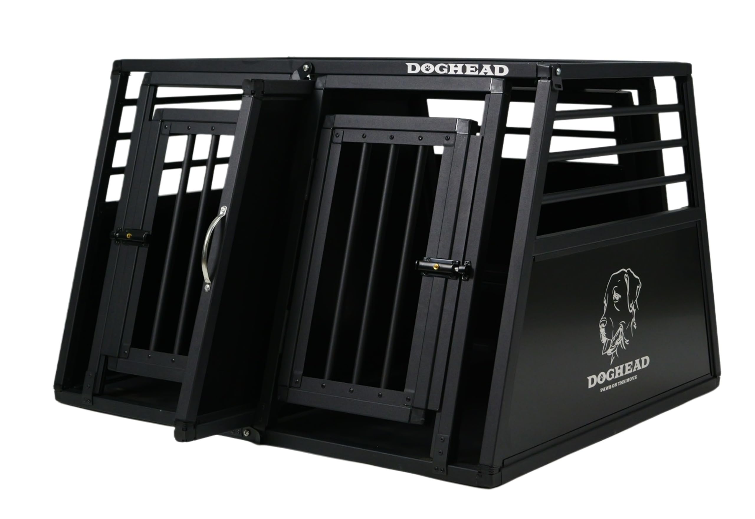 DOGHEAD Skrzynka transportowa dla psów Proline, podwójna, 95 x 85 x 63 cm, czarna, aluminium, obustronnie ścięta 75°, z wyjściem awaryjnym, nie nadaje się do kombi