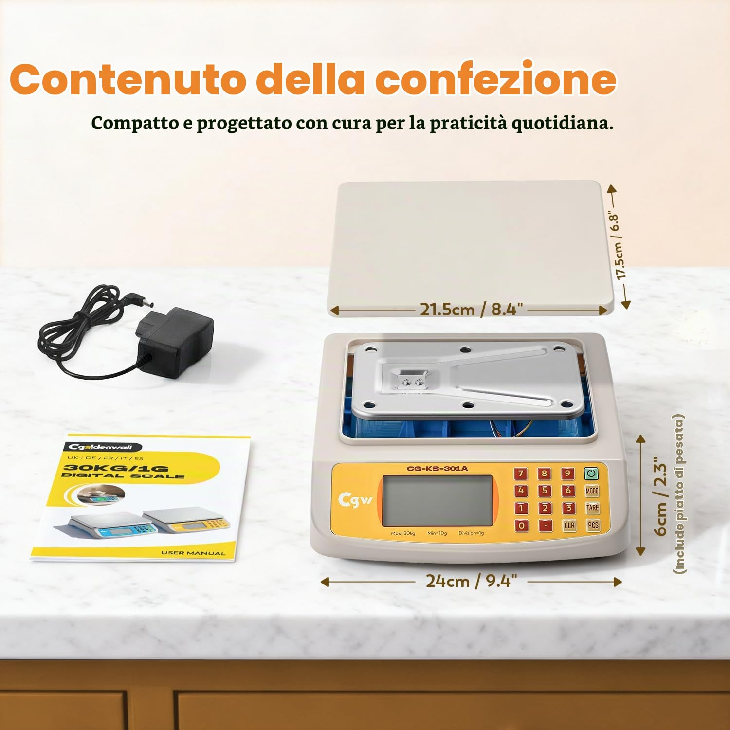 CGOLDENWALL 30kg/1g Bilancia Alimentare - KG/LB/OZ, Conteggio & Tara | Bilancia Calcolatrice con Display LCD e Doppia Alimentazione, Ampio Piatto 21,5 cm x 24 cm, per Ristorante, Pasticceria, Casa