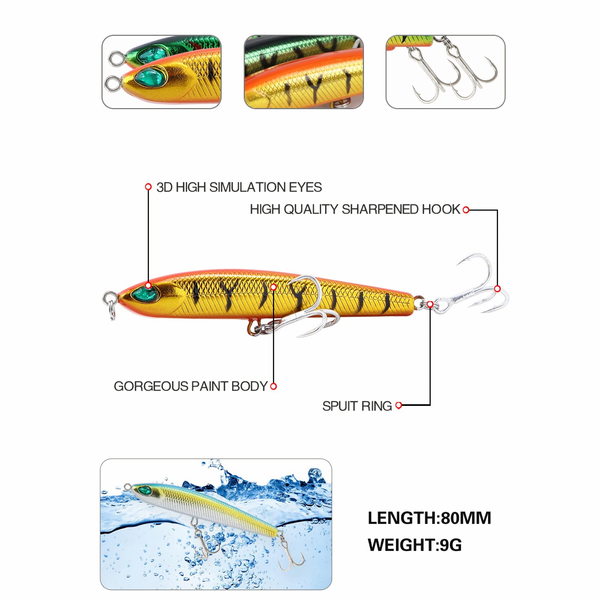 Señuelos de Pesca Blandos, 10 Uds Señuelos de Pesca 8cm 9g señuelo de lápiz biónico Que se Hunde Cebo Duro Artificial Agua Dulce señuelo de Pesca de Agua Salada Wobbler Simple y práctico