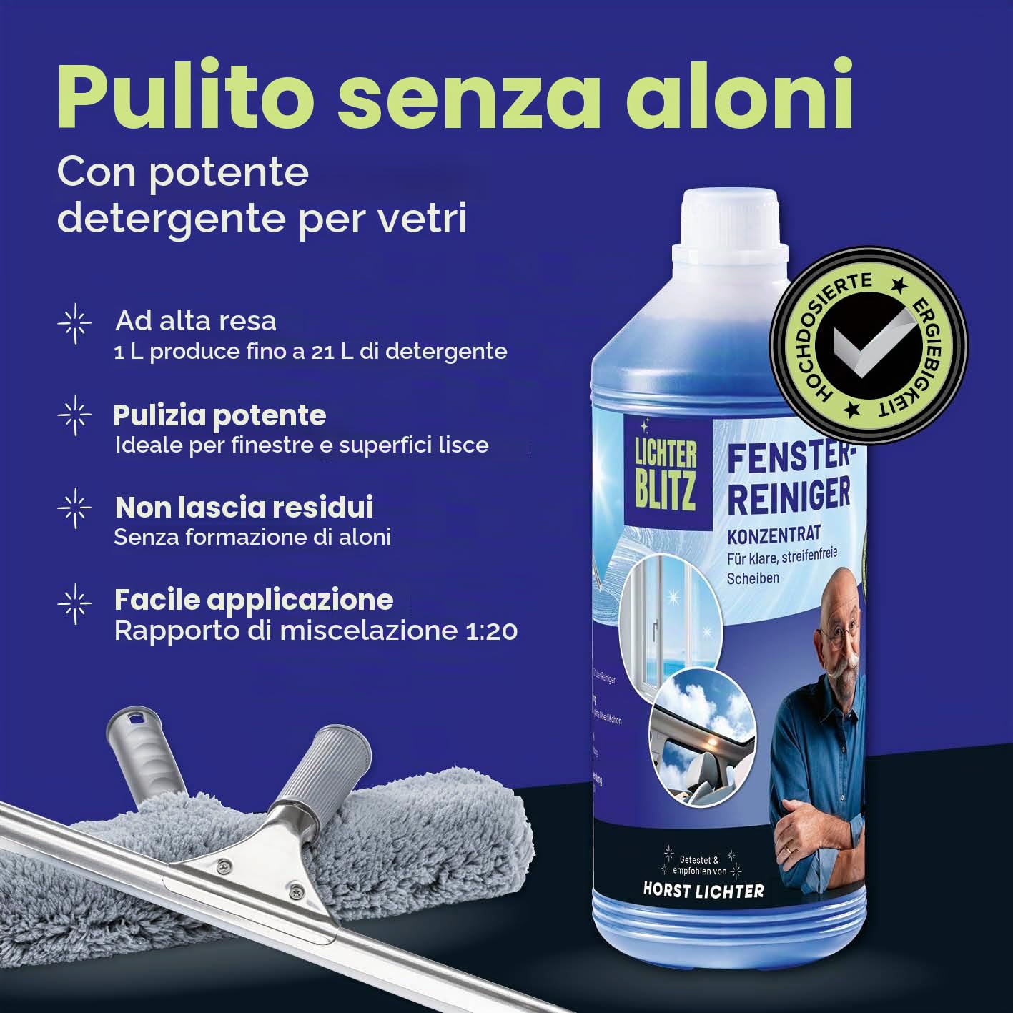 Set completo per la pulizia dei vetri, professionale, con lavavetri, secchio da 12 litri con ripiano, raschietto, panno in microfibra e detergente, per casa e auto