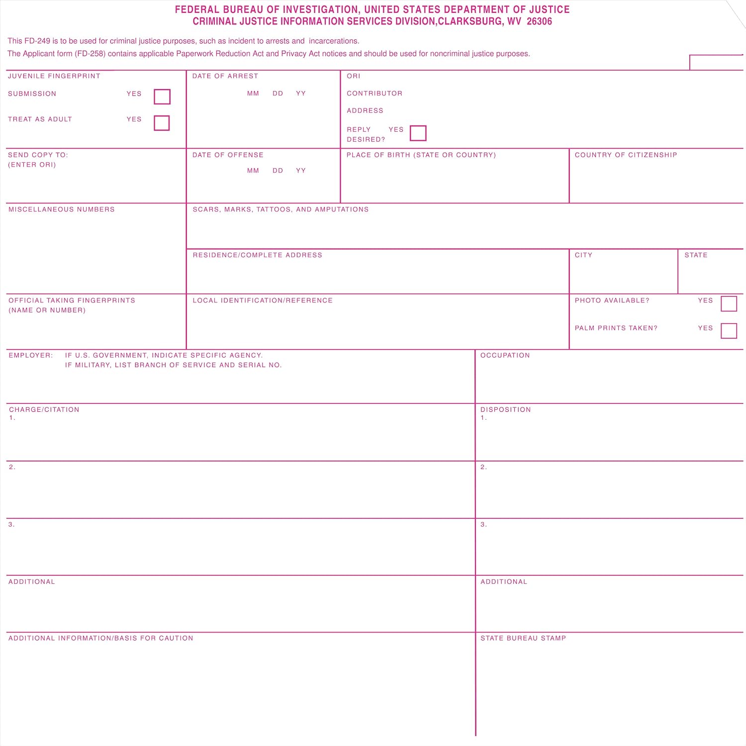 Crime Scene FD-249 Criminal Booking Card for arrests and incarcerations, Pack of 100