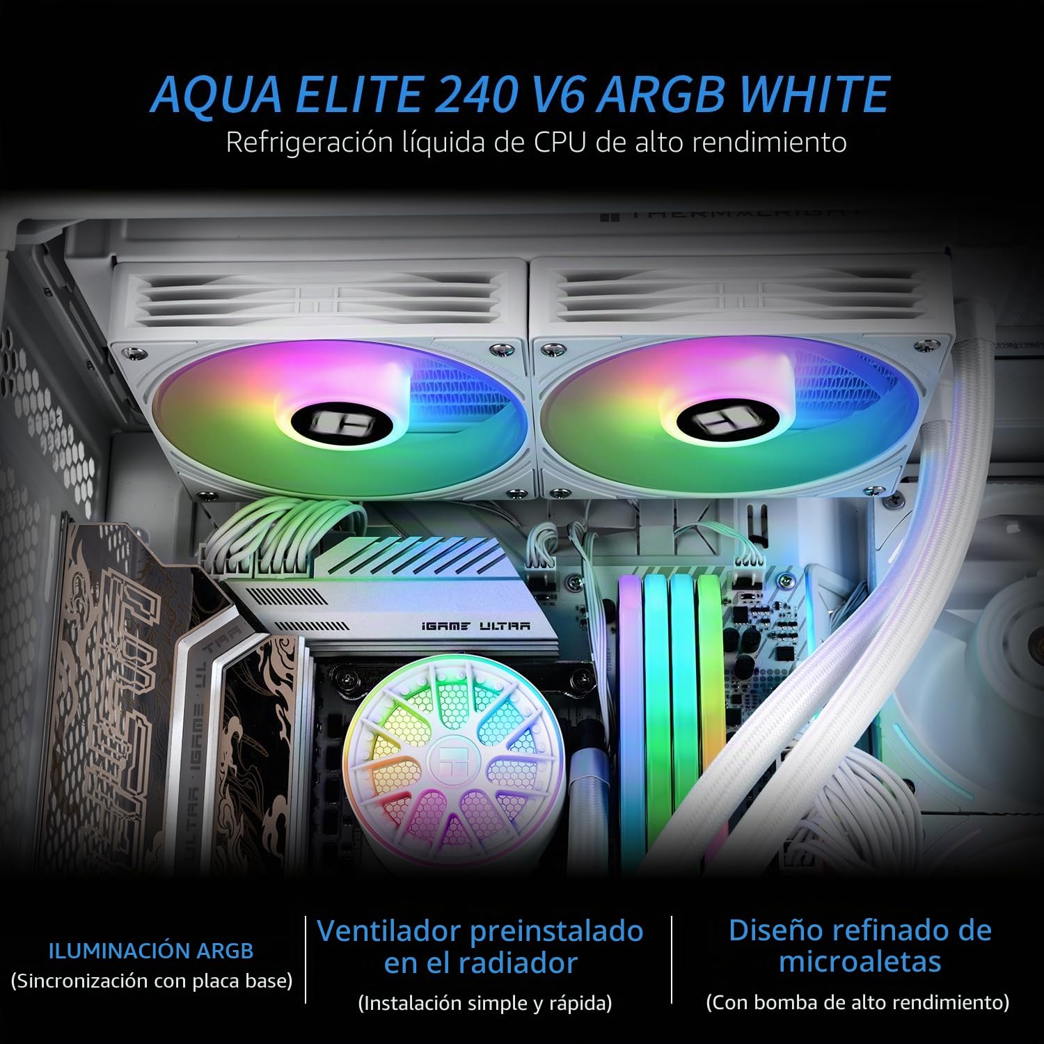 TR-AQUA ELITE 240 V6 ARGB Blanco-Enfriador líquido CPU, bomba eficiente controlada por PWM, para AM4/AM5, Intel LGA1150/1151/1200/2011/1851/1700, radiador integrado refrigerado por agua-Blanco