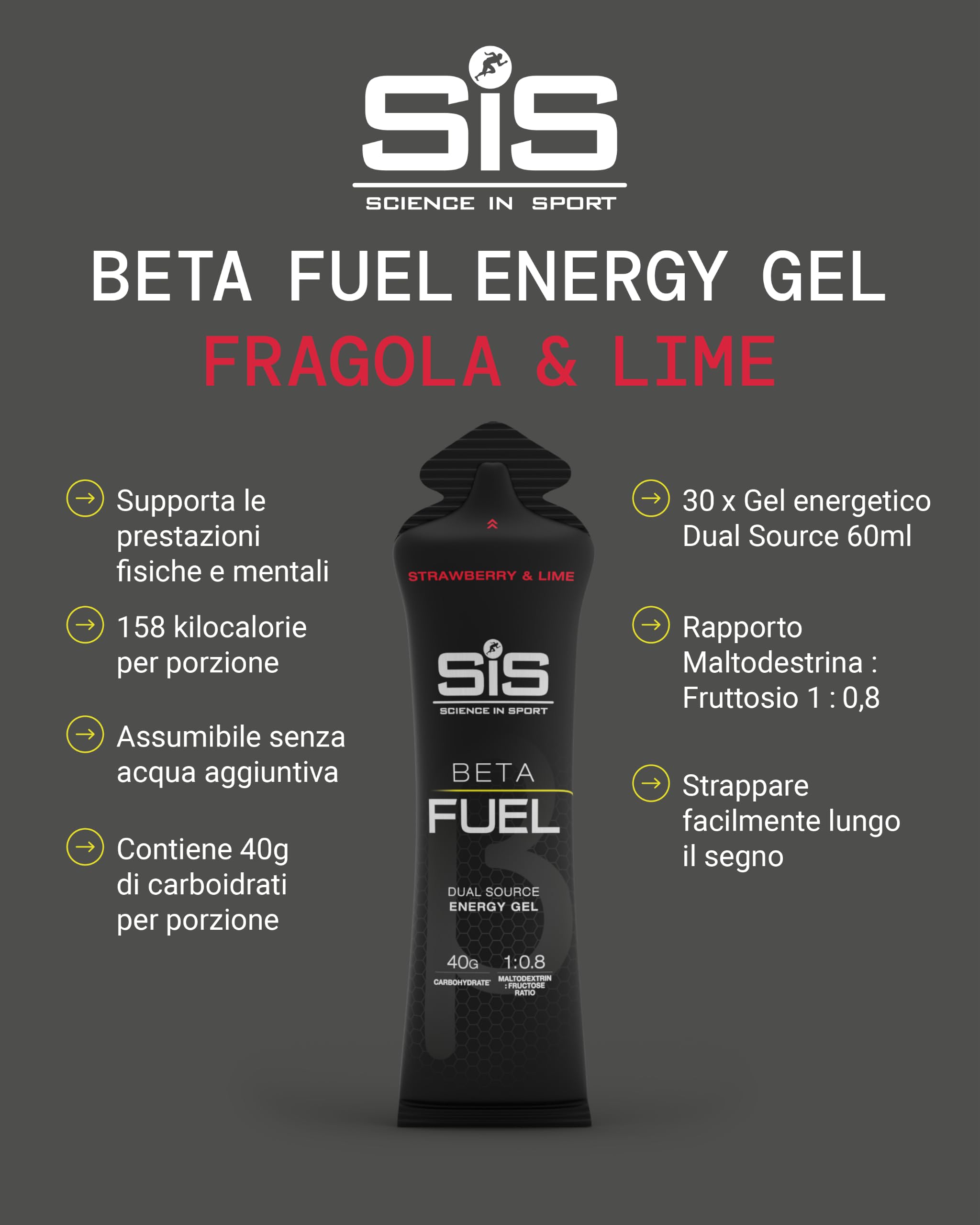 Science in Sport Beta Fuel Gel 30 x 60ml Fraise & Citron Vert - Gel de Glucides Riche en Énergie avec 40g de Glucides, Gel Énergétique Facilement Digestible pour une Performance Optimale