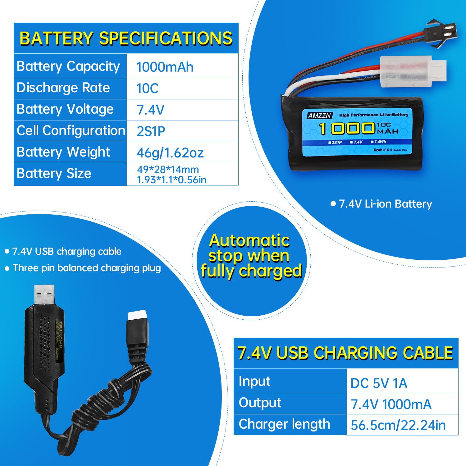AMZZN 7.4V 1000mAh 2S Li-ion Battery with SM-2P Plug and USB Charging Cable for WPL MN D90/91, 99/99s D12 RC Car, H101 Remote Control Boat and Ansky Gel Ball Impact Gun