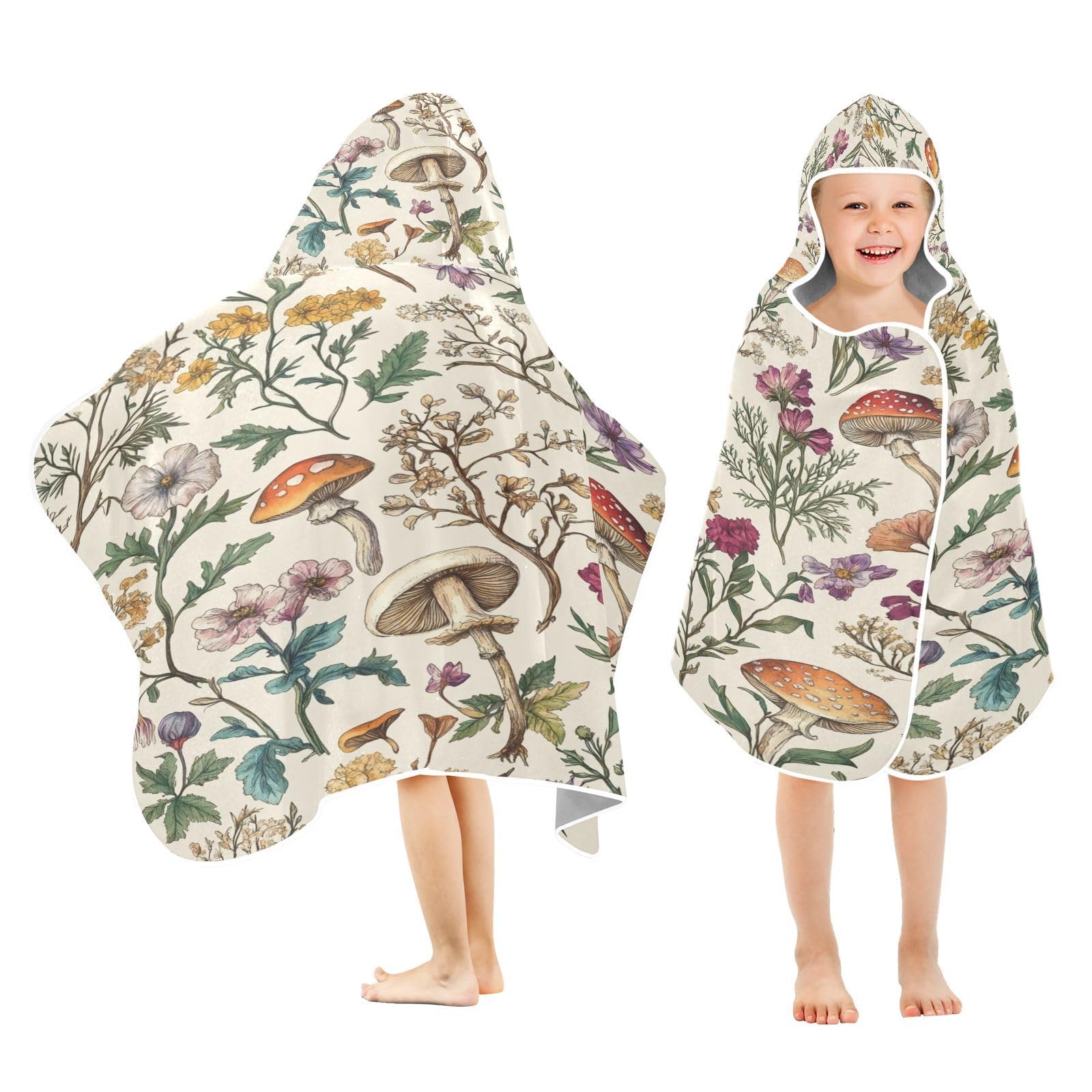 Kigai Flowers Mushroom Hooded Beach Towel for Kids Soft Absorbent Quick Dry Bath Towel with Hood Lightweight Toddler Shower Pool Bath Wrap for Boys Girls