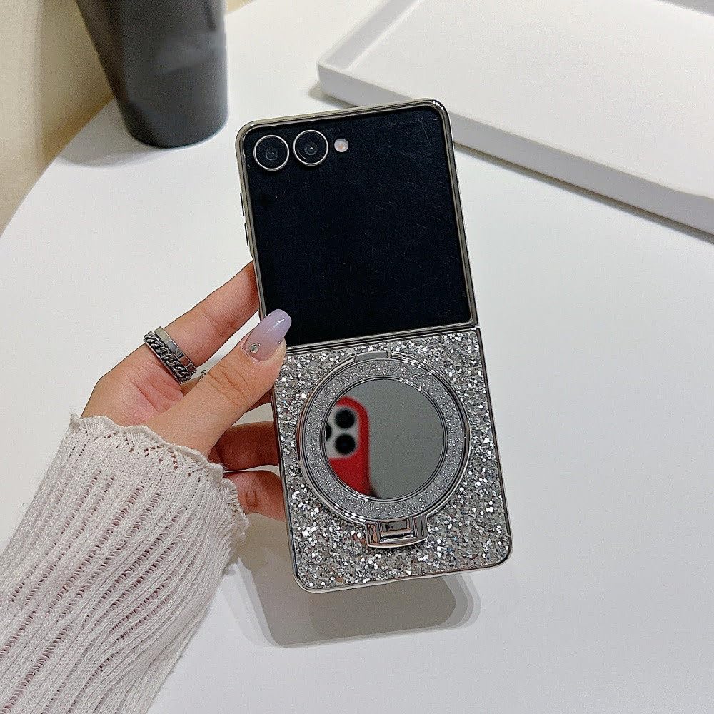Funda con Soporte magnético Brillante para Samsung Galaxy Z Flip 6, 5, 4 y 3, con Espejo y Diamantes Brillantes, Color Plateado, para Samsung Galaxy Z Flip 5