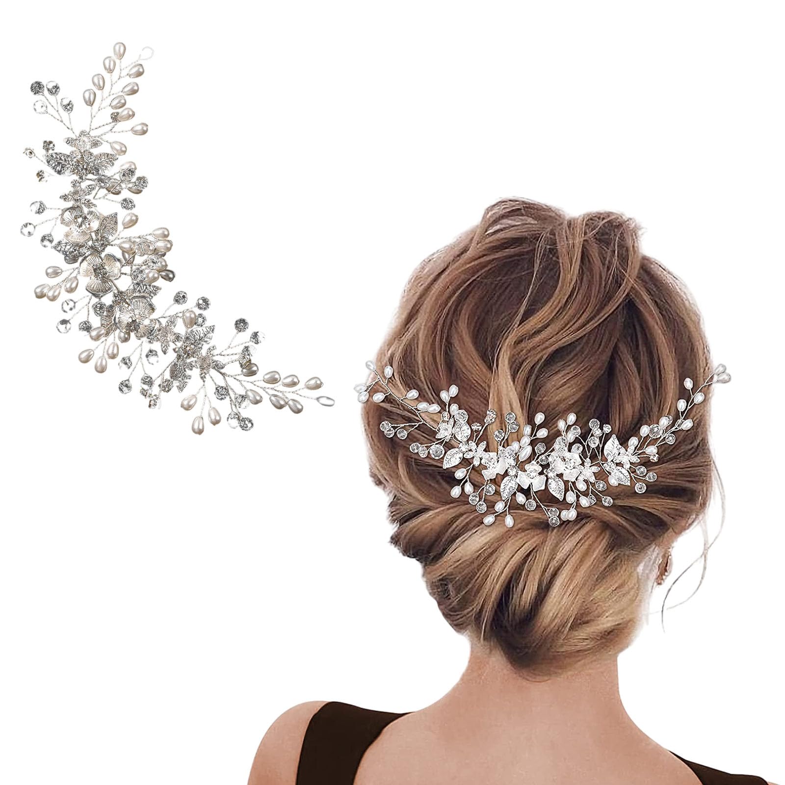 Tocados de Novia Plata, Diadema de Nnovia con Diseño de Flores y Perlas de Vid, Flor Novia Boda Cabello Enredadera, Accesorios Cristal para el Cabello para Mujeres y Niñas