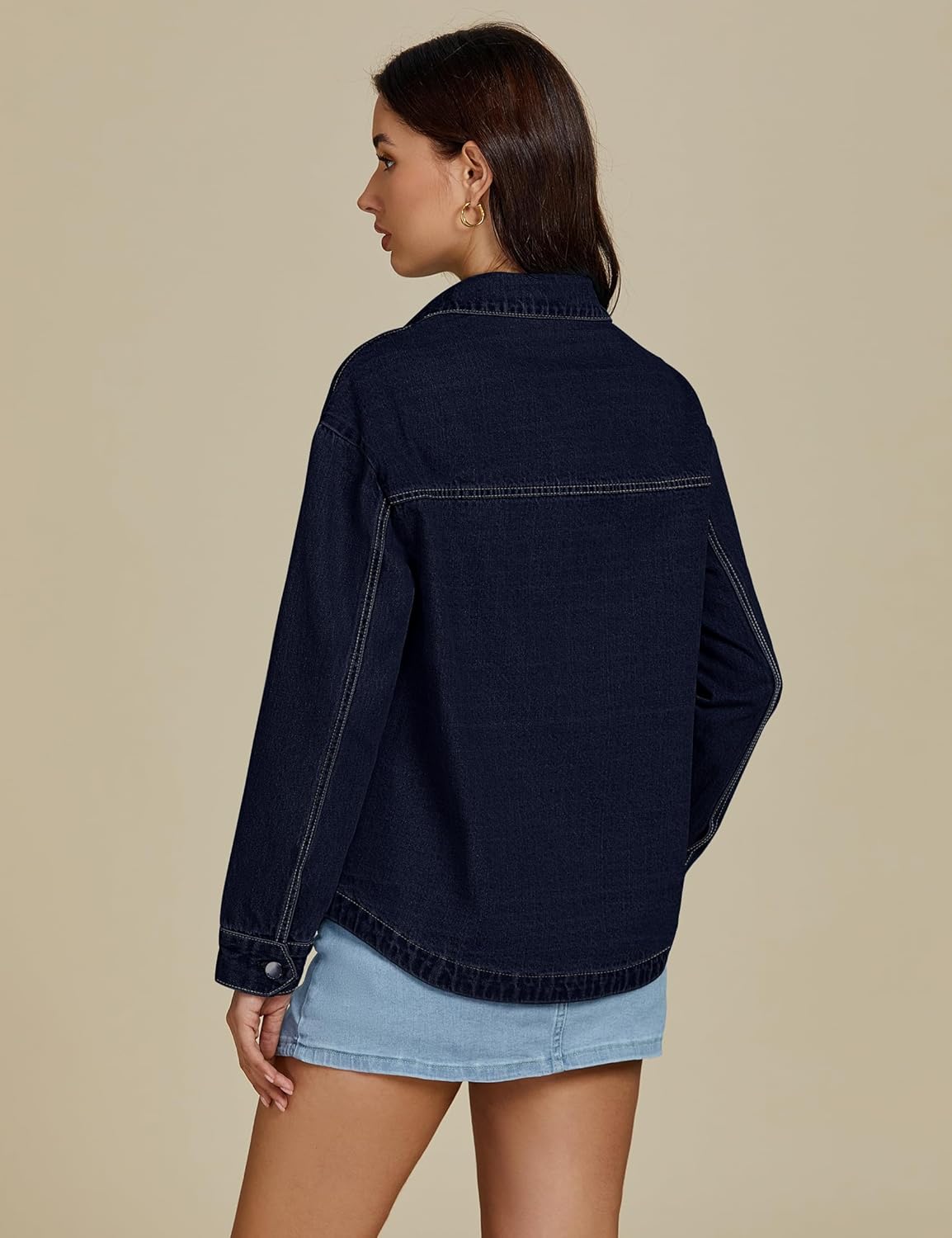 luvamia Denim Jackets for Women Trendy Oversized Long Sleeve Button Down Jean Jacket Casual Shacket with Patch Pockets - Image 2