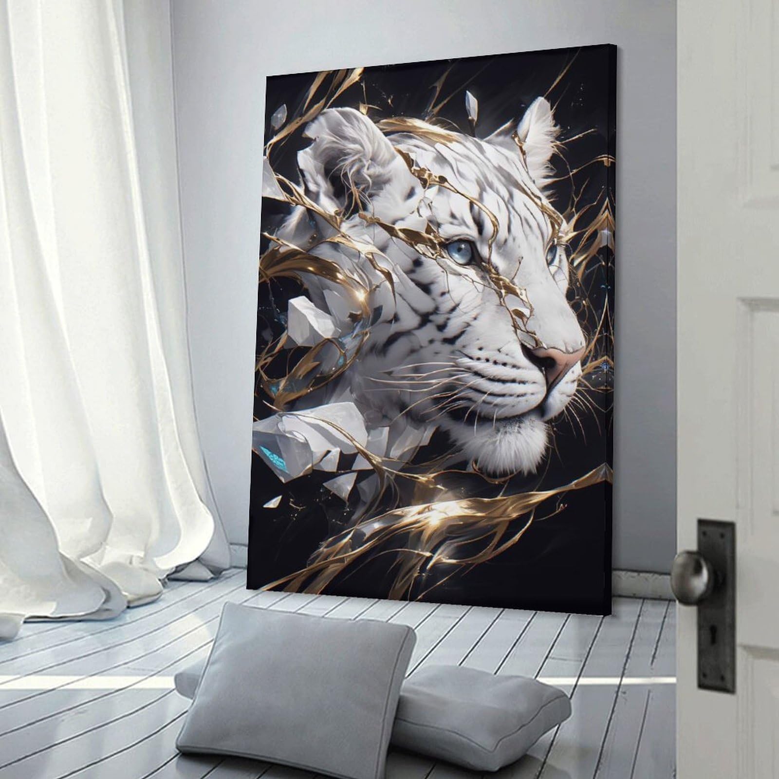 Junmoney White Tiger with Geometric And Gold Accents Wall Picture Print 08x12inch(20x30cm), for Home Walls, Creative Rooms Or Shared Spaces, Stylish Home Artwork for Focal Walls