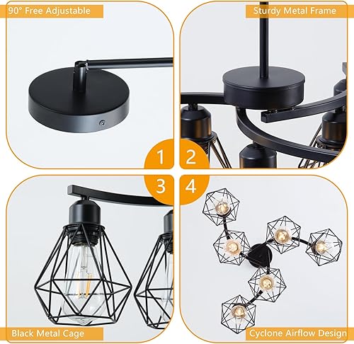 Miniatura 8 de Candelabro negro de 6 luces, lámpara de granja para comedor sobre mesa, iluminación colgante industrial de 21.7 pulgadas con pantalla de jaula de