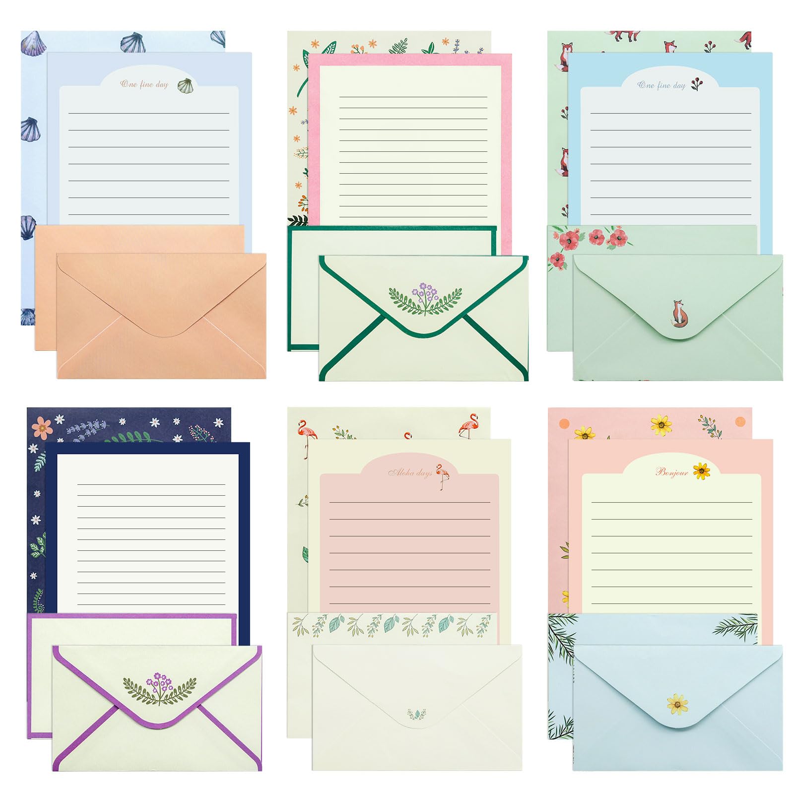 KSIWRE 36 PCS Stationary Set with Envelopes,6 Different Style Cute Letter Writing Kit,24 Stationery Paper + 12 Envelopes