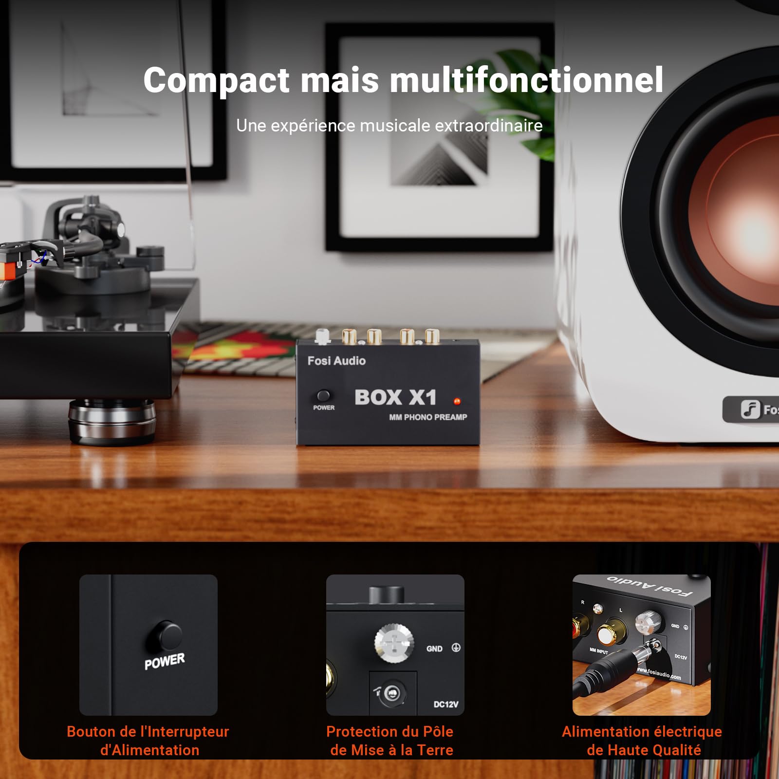 Fosi Audio BOX X1 Préamplificateur Phono, Mini MM Préampli à Très Faible Bruit Préamp Hifi avec Sortie RCA/TRS, Poteau Mise à la Terre et Alimentation 12 V CC