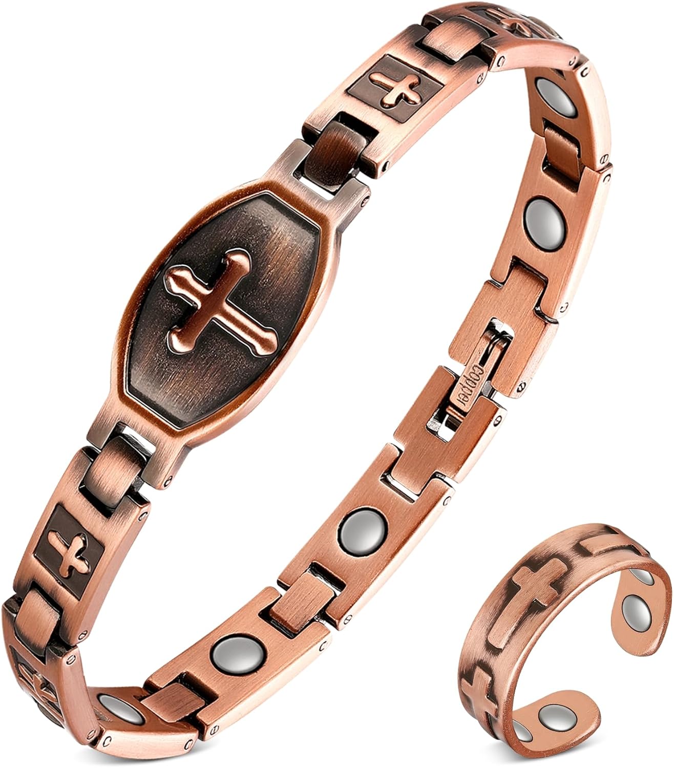 Feraco Copper Bracelets & Rings for Women, Ultra Strength Magnetic Bracelet with 3500 Gauss Neodymium Magnets, 99.99% Pure Copper Adjustable Jewelry Gift