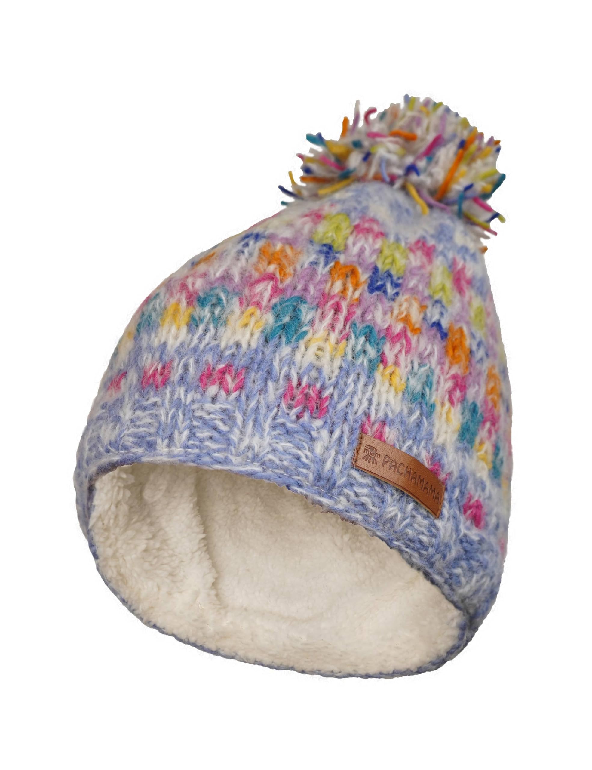 Pachamama Women Soft Wool Mohair Beanie Bobble Hat Sherpa Fleece Lined Handknitted Chequers Pastel Multicoloured One-Size Handmade Extra Warm Fair Trade (UK, Alpha, One Size, Sky)