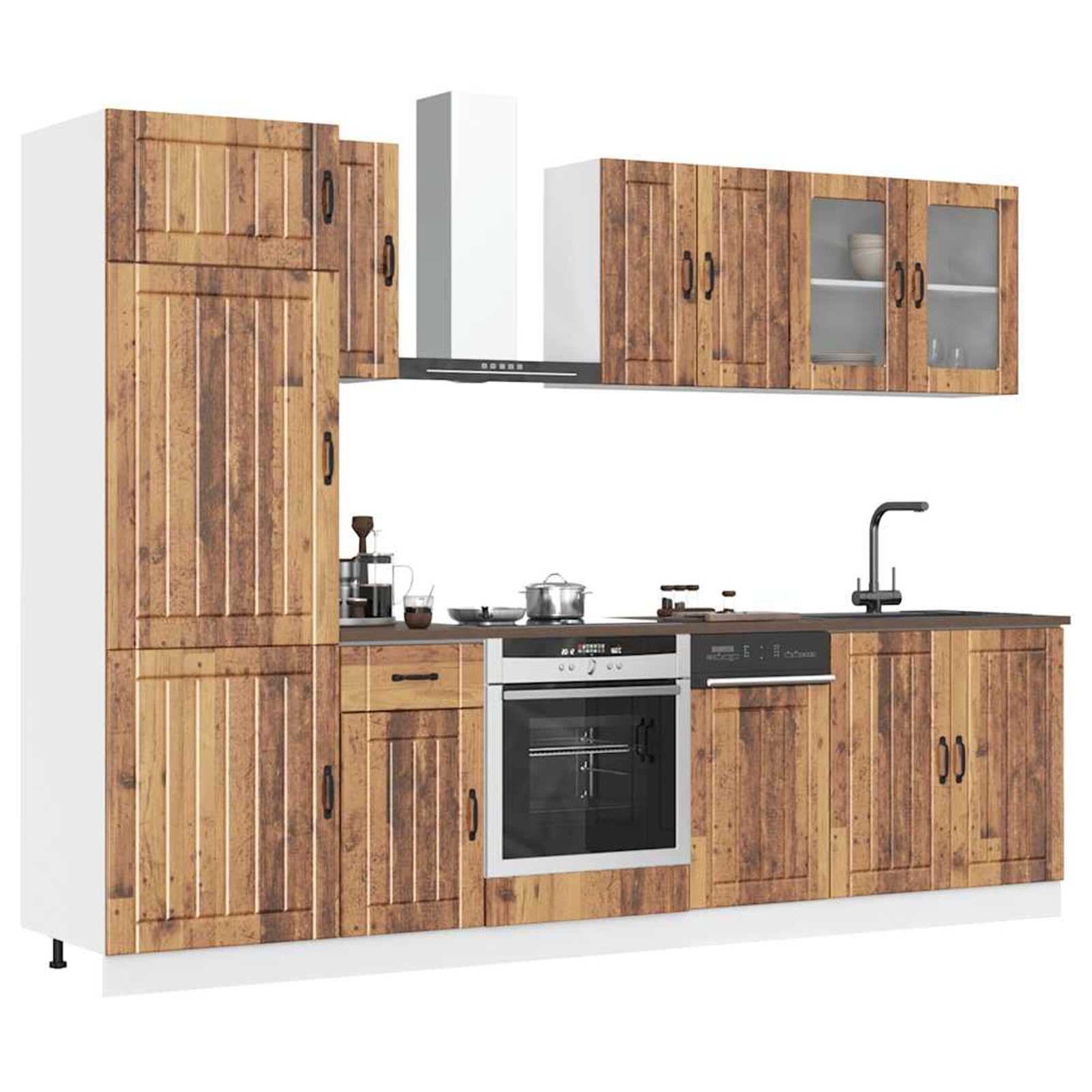 ATOMSTACK MAKER Set di 8 mobili da cucina Kalmar effetto legno anticato – legno e vetro, piedini regolabili, per cucina da incasso (lavello, forno, pensili + copertura lavastoviglie)
