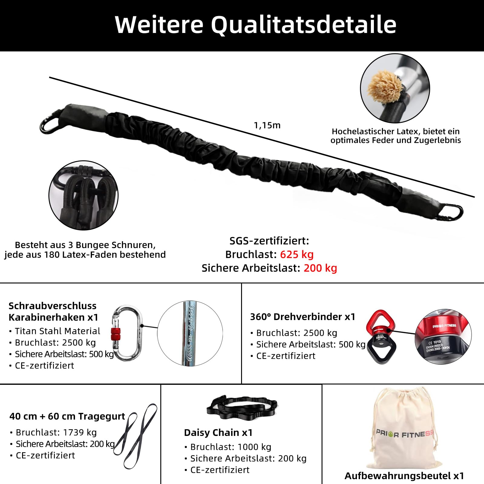 Kit élastique Fitness PRIOR FITNESS, équipement Bungee certifié CE | Élastique bungee résistant 110~264 lbs, corde danse anti-gravité 3,3ft/1m, charge minimale rupture 1377 lbs pour gymnases et