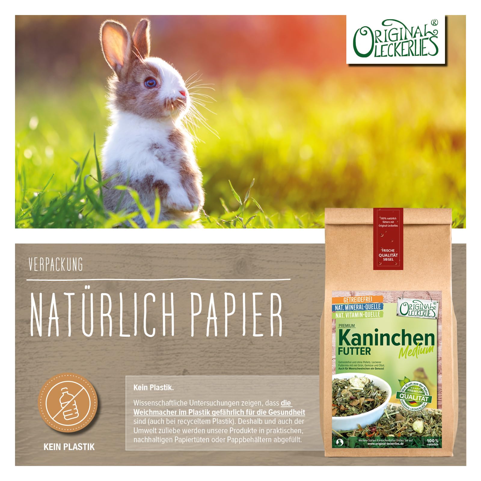 ORIGINAL LECKERLIES® Premium Kaninchenfutter - medium 5 kg, ***TOP Qualität*** GETREIDEFREI für Kaninchen, Hamster, Meerschweinchen, Naturprodukt für Nager - ohne Pellets