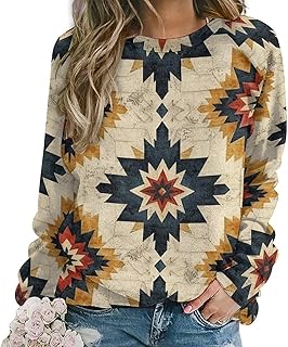 ZOCAVIA Women's Western Aztec Sweatshirts Casual Retro Ethnic Graphic Crewneck Long Sleeve Pullover Tops Fall Country T Shirt
