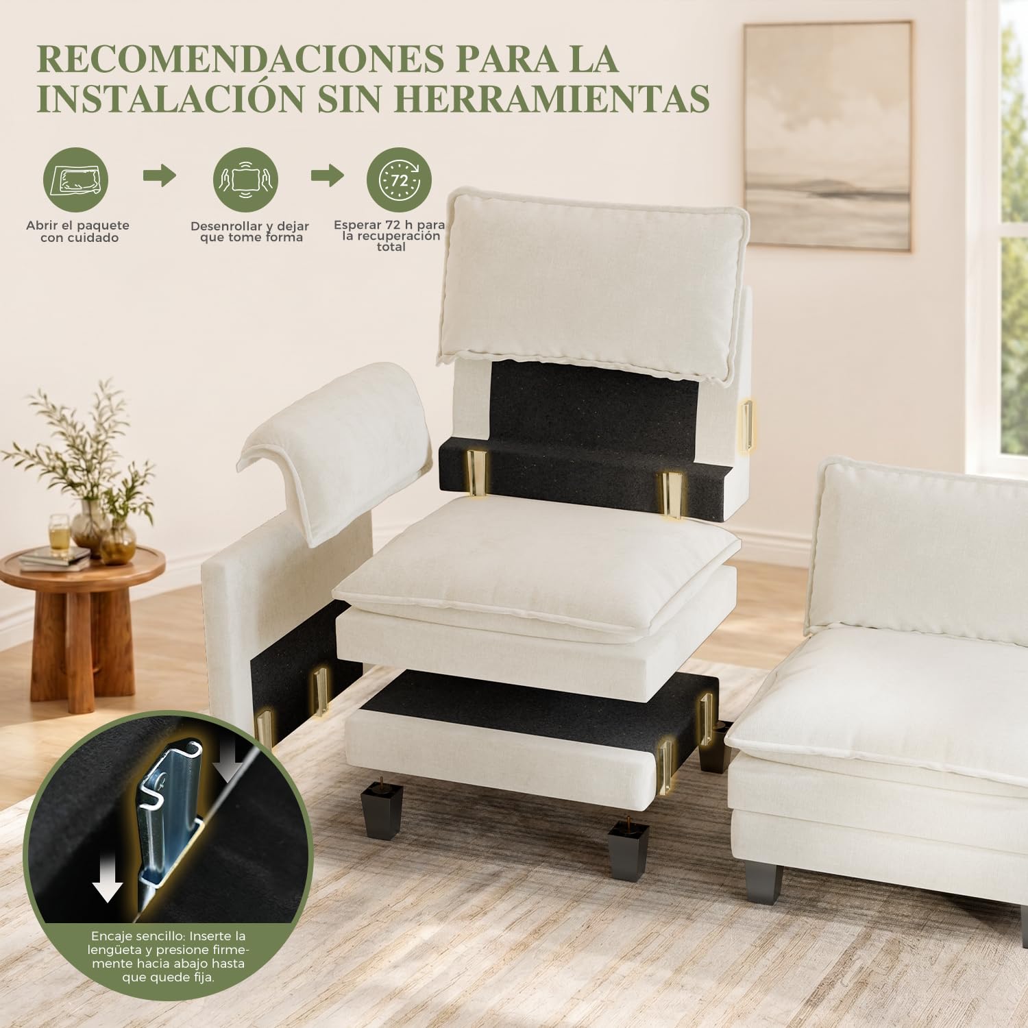 ELUCHANG Sofá Nube Modular 256cm con 2 Pufs, Sofá en Forma de U de 3 Plazas, Asiento Profundo 62cm, Montaje sin Herramientas, Sofá de Chenilla para Salón, Beige