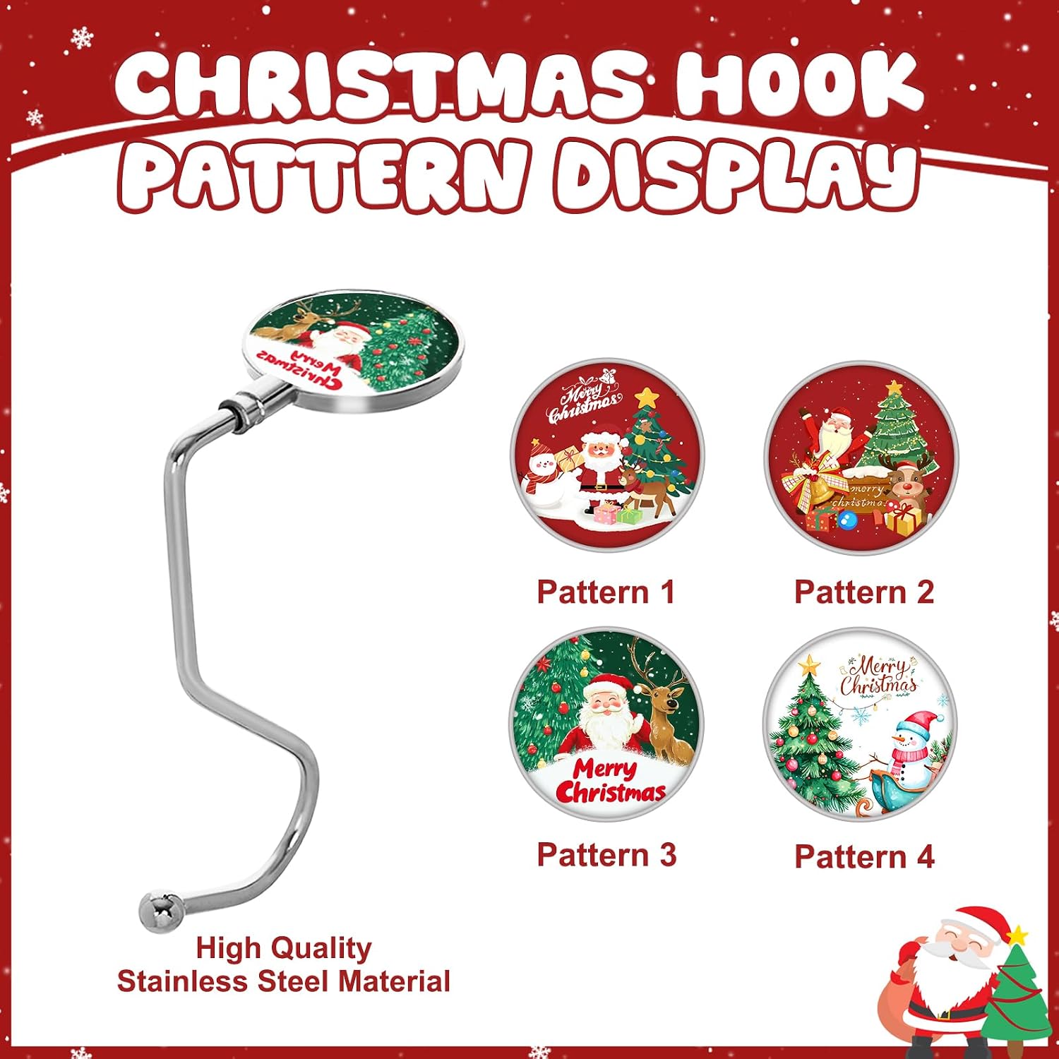 Ulico Christmas Stocking Holder for Mantle Set of 4, Stocking Hooks Garland Hangers，Metal Fireplace Stocking Holder, Non-Slip Silver Weighted Printed Stocking Clips