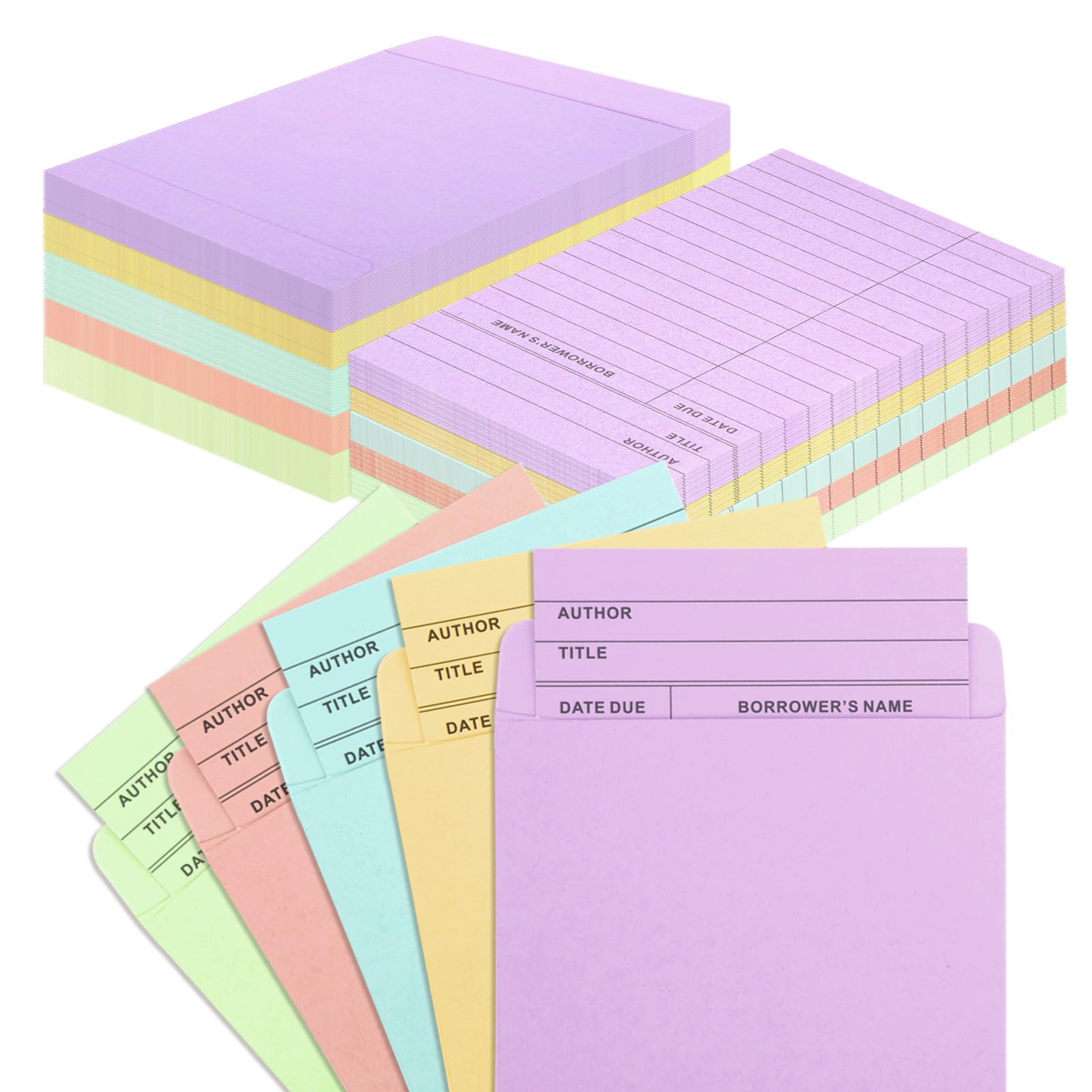 100 Pieces Colorful Library Pockets and Cards, 5 Colors Library Check out Cards Library Card Pocket with 60PCS Removable Adhesive Dots for School