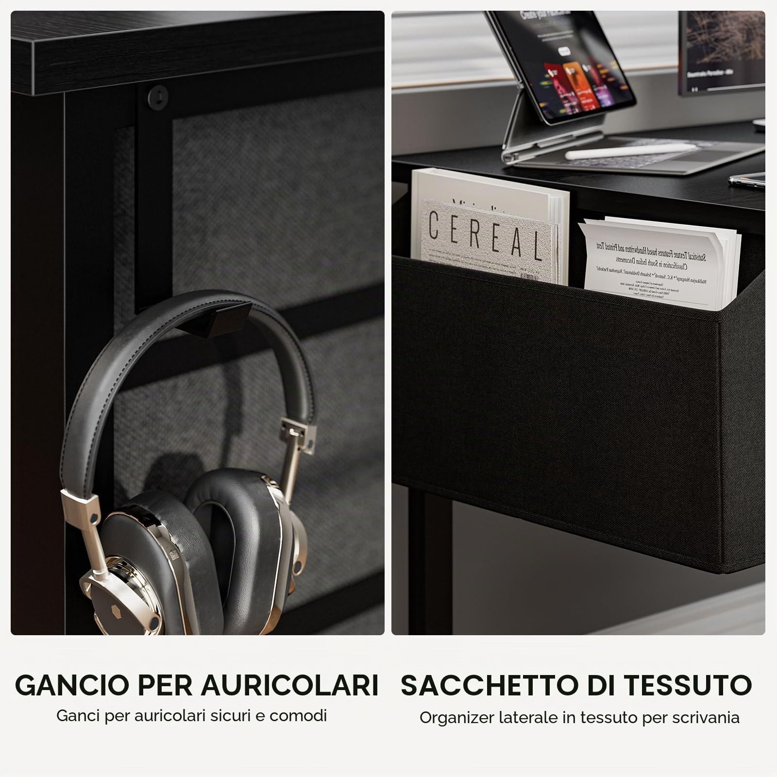Grandder Piccolo tavolo per computer con 2 cassetti in tessuto, 100 cm, con scomparti e cassetti, scrivania per piccoli spazi, colore nero