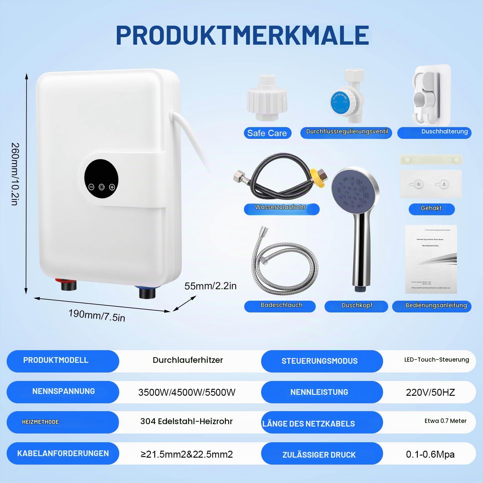 Mini Elektrischer Durchlauferhitzer, 5.5KW 220V Instant Elektro Wassererhitzer with Duschdüse, Tankless Dusche Heißwassersystem für Badezimmer Küche Garten, mit Ablesbarer Led-Temperaturanzeige
