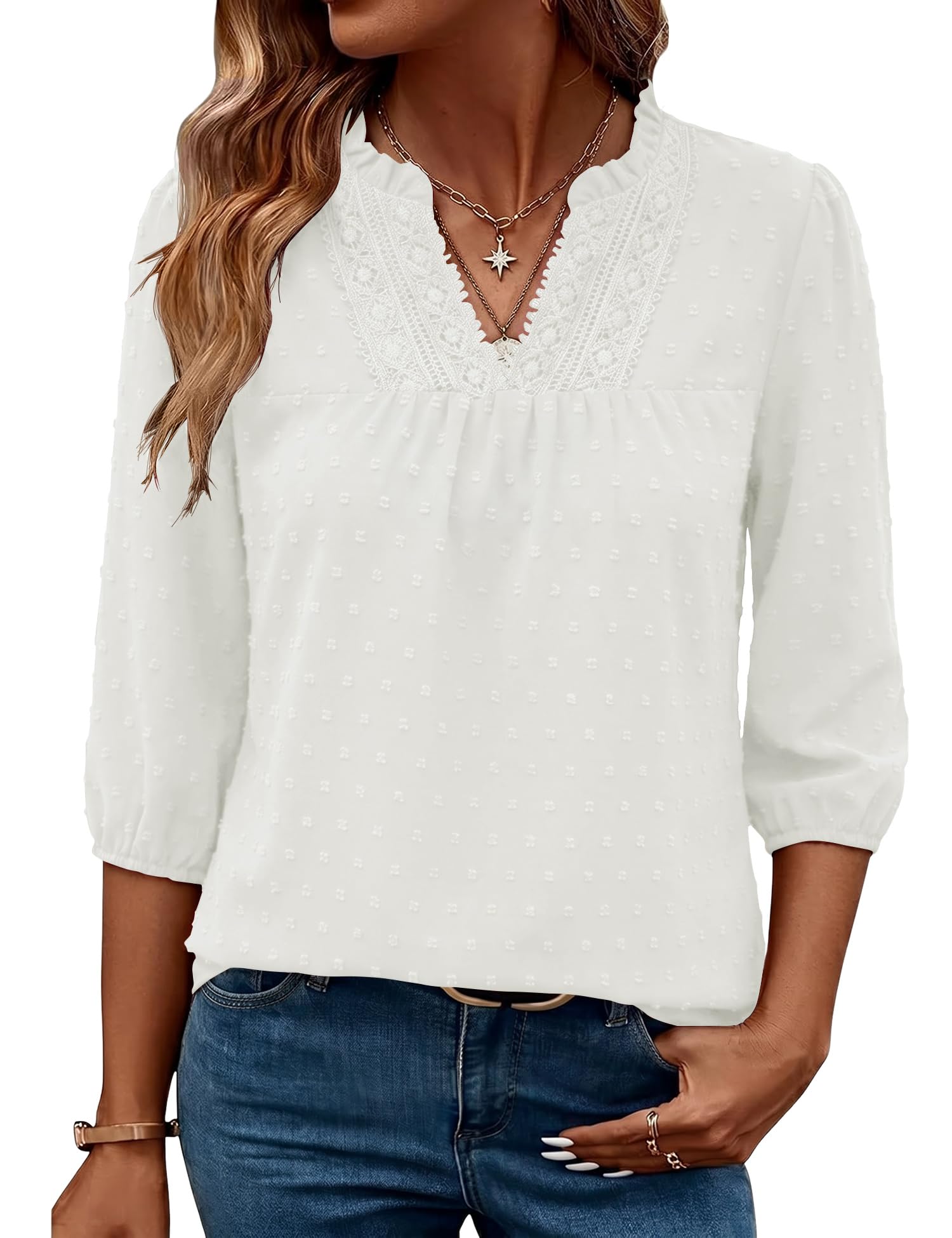 iWoo Musselin Bluse Damen 3/4 Arm V-Ausschnitt Elegant Festlich Oberteil Tunika Sommer Tops Business Lässig Blusen 2026