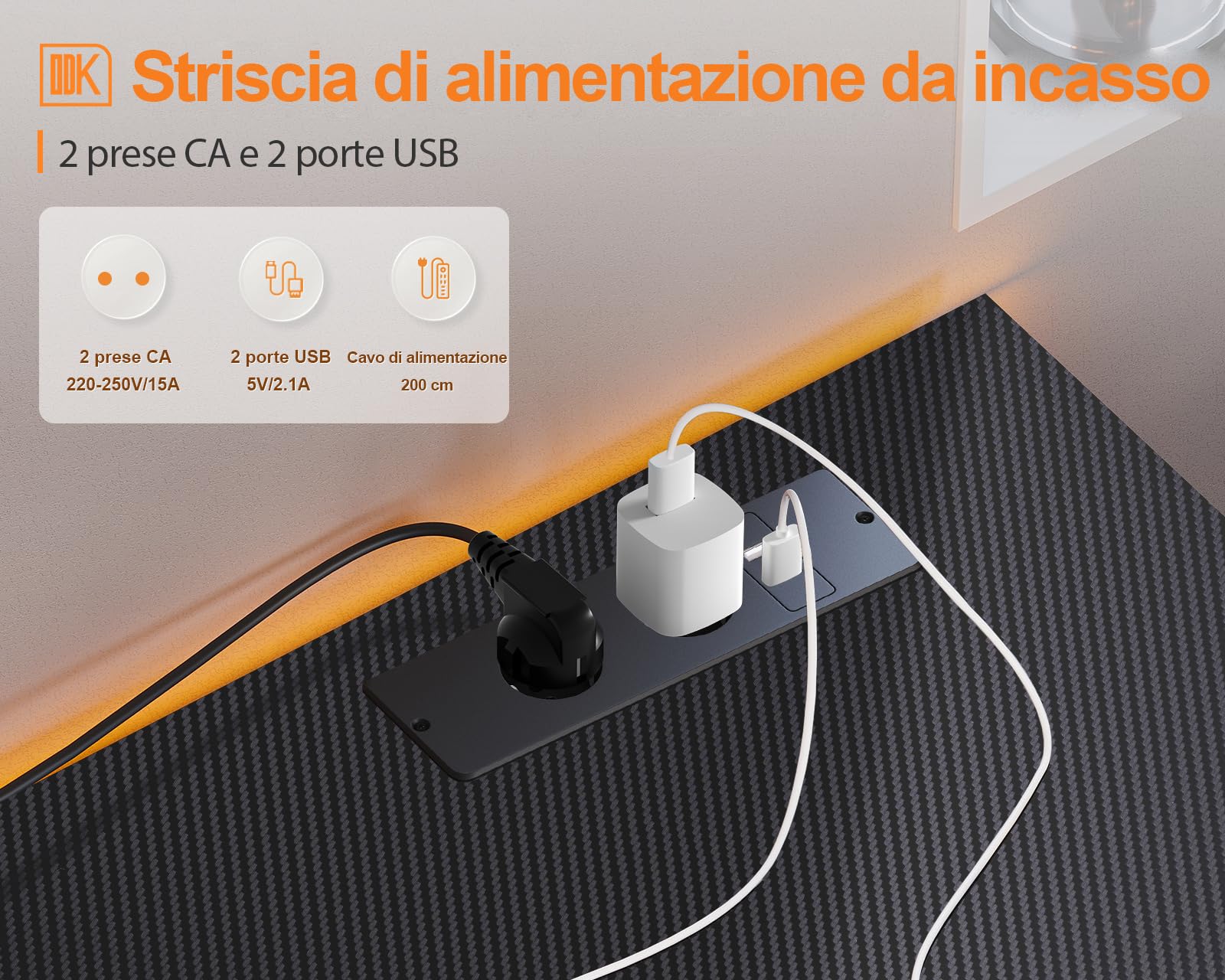 ODK Scrivania Gaming ad L con Design Reversibile, Scrivania con Ampio Spazio di Archiviazione, Scrivania ad Angolo con 2 Prese e 2 Porte USB, Fibra Di Carbonio Nera, 150×102 cm