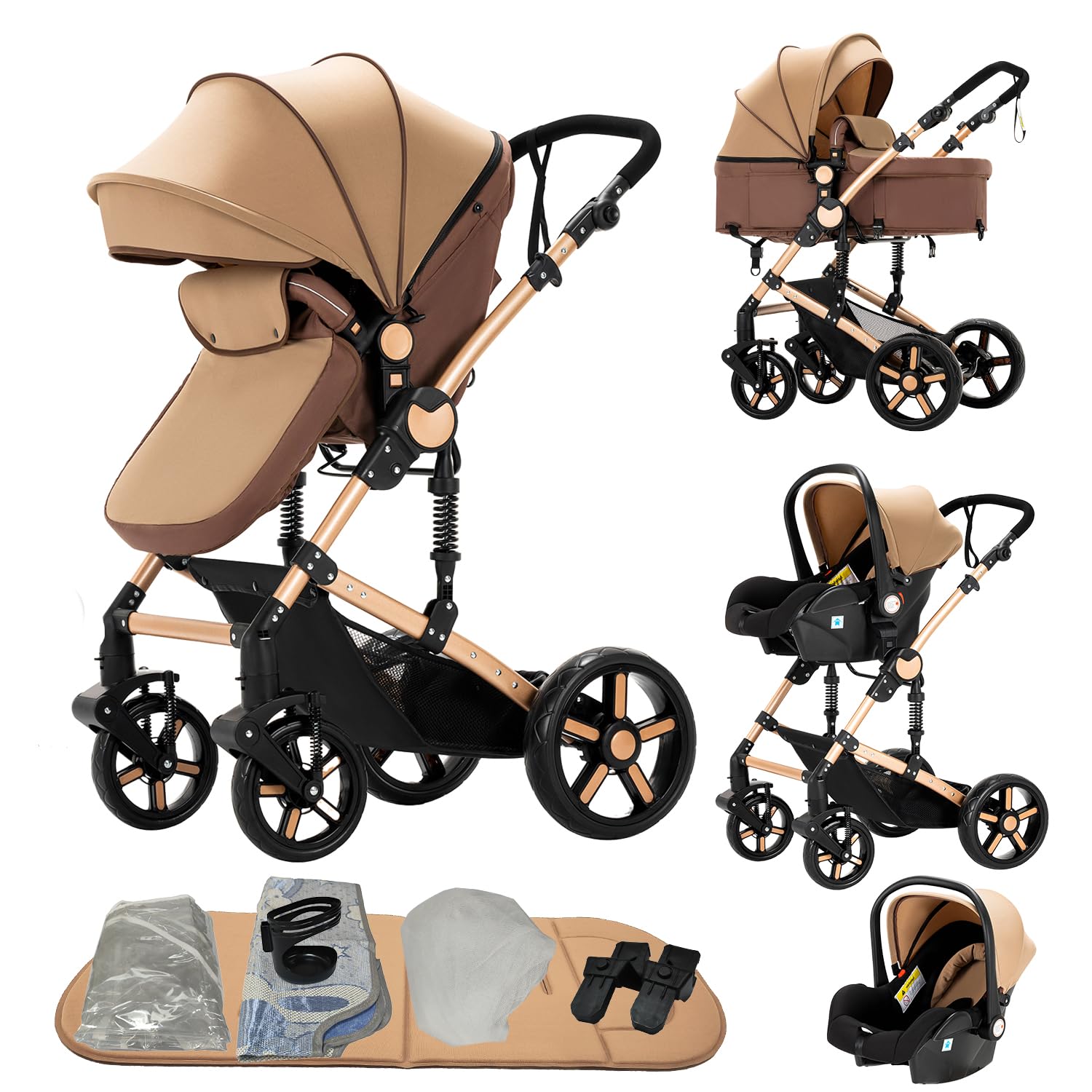 MoLi Kinderwagen 3 in 1, Kinderwagen Set Umkehrbarem Doppelschiebemodus, Kombikinderwagen 3 in 1 Großer Bequemer Babywanne, Buggy Rahmen Aluminiumlegierung Faltbar Hohe Landschaft (588 Tawny)