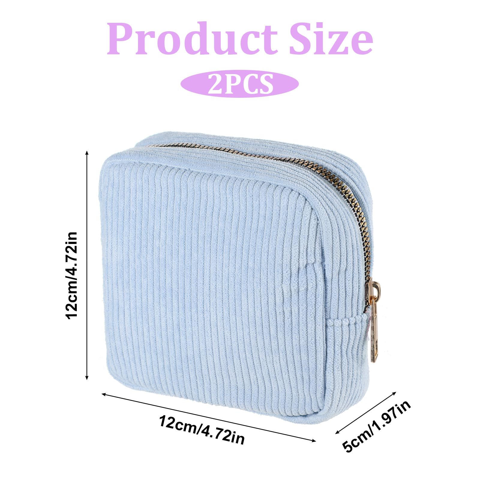 2PCS Period Pouch, Period Bags for Women, Corduroy Pad Bag with Zipper for Women, Use in Sanitary Napkins and Tampons (Blue Purple)