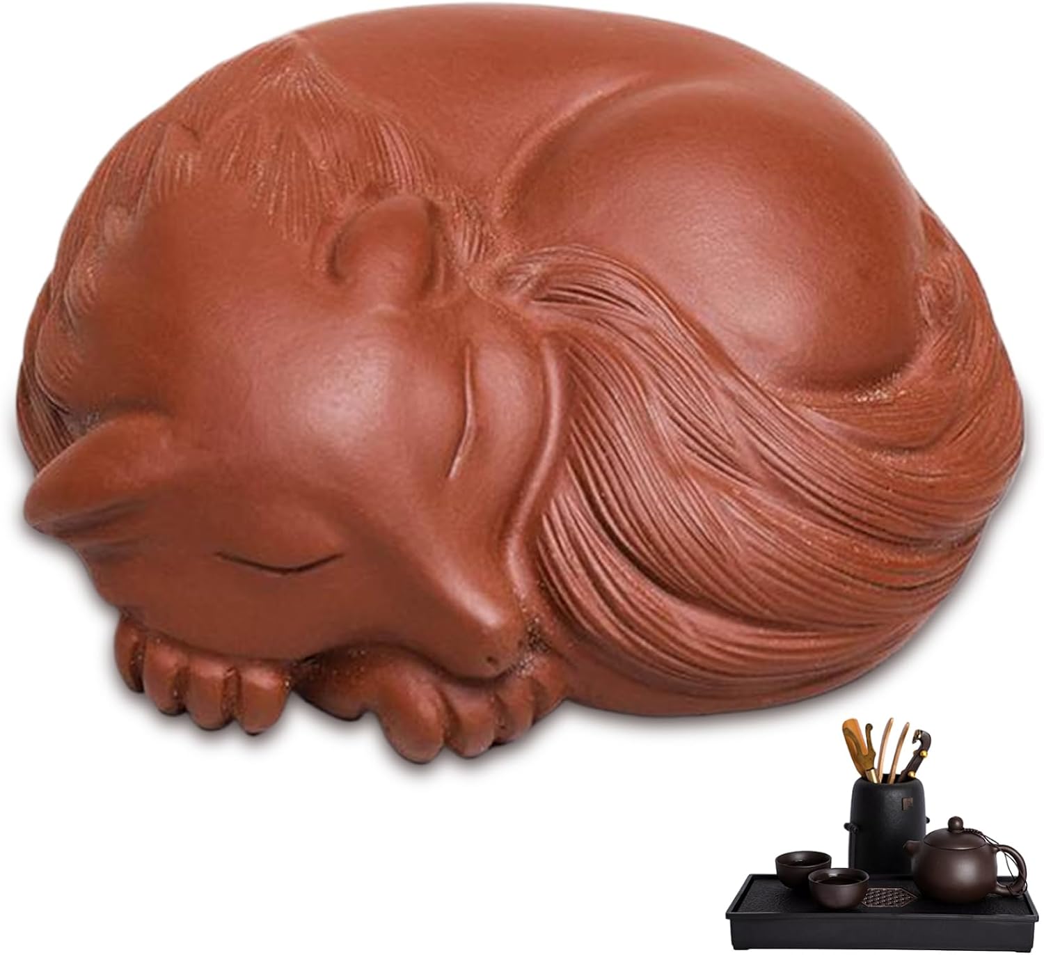 Chinese Tea Set Accessory, 3.3x3.1x1.3 Inch Purple Clay Gongfu Tea Set Pet, Sleeping Fox Statue Decorative Portable Pet for Lovers
