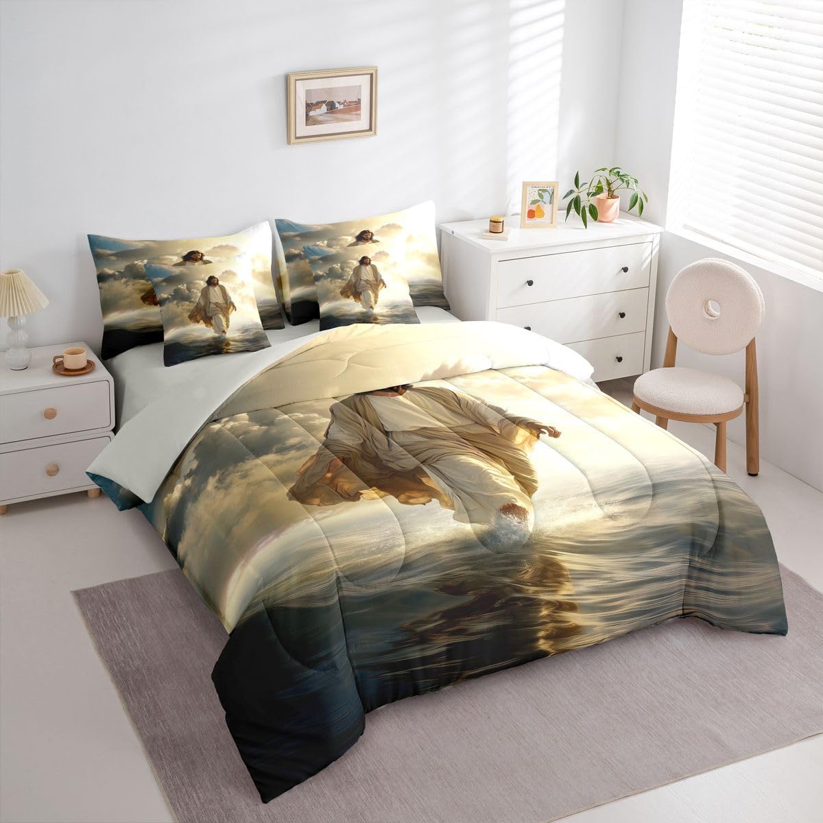 God Walking on Water Kids Comforter Queen Size,Western Faith Bible Verse Bedding Set 7 Pcs,Spiritual Modern Artwork Decor for Girls Boys,Yellow Gray(Fitted+Sheet+2 Pillowcases+2 Throw Pillow Covers)
