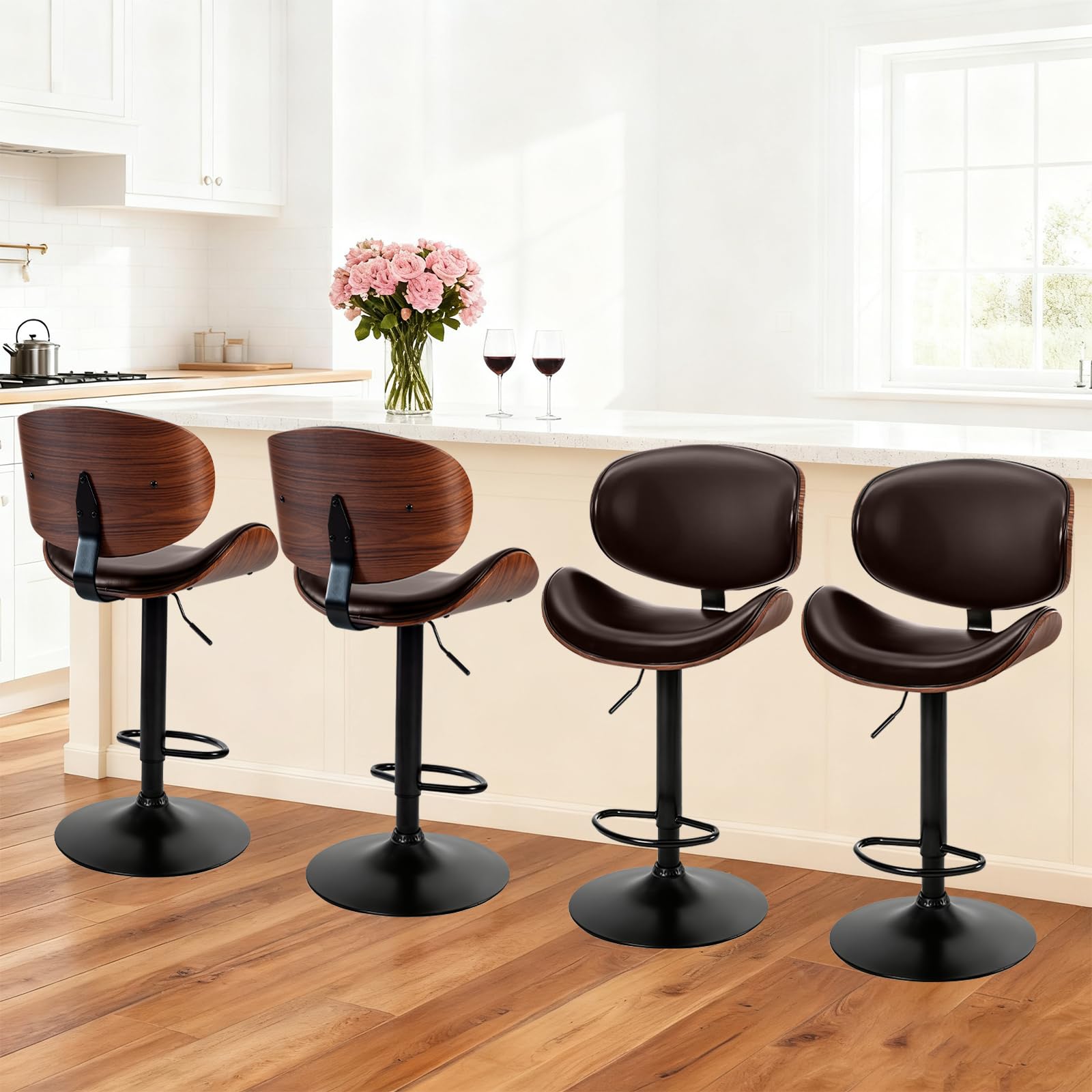 DUMOS Swivel Bar Stools Set of 4, Adjustable Counter Height Bentwood BarStools, PU Leather Upholstery Bar Chair with Ergonomic Back and Footrest, Counter Stools for Bar, Home Kitchen Island, Brown