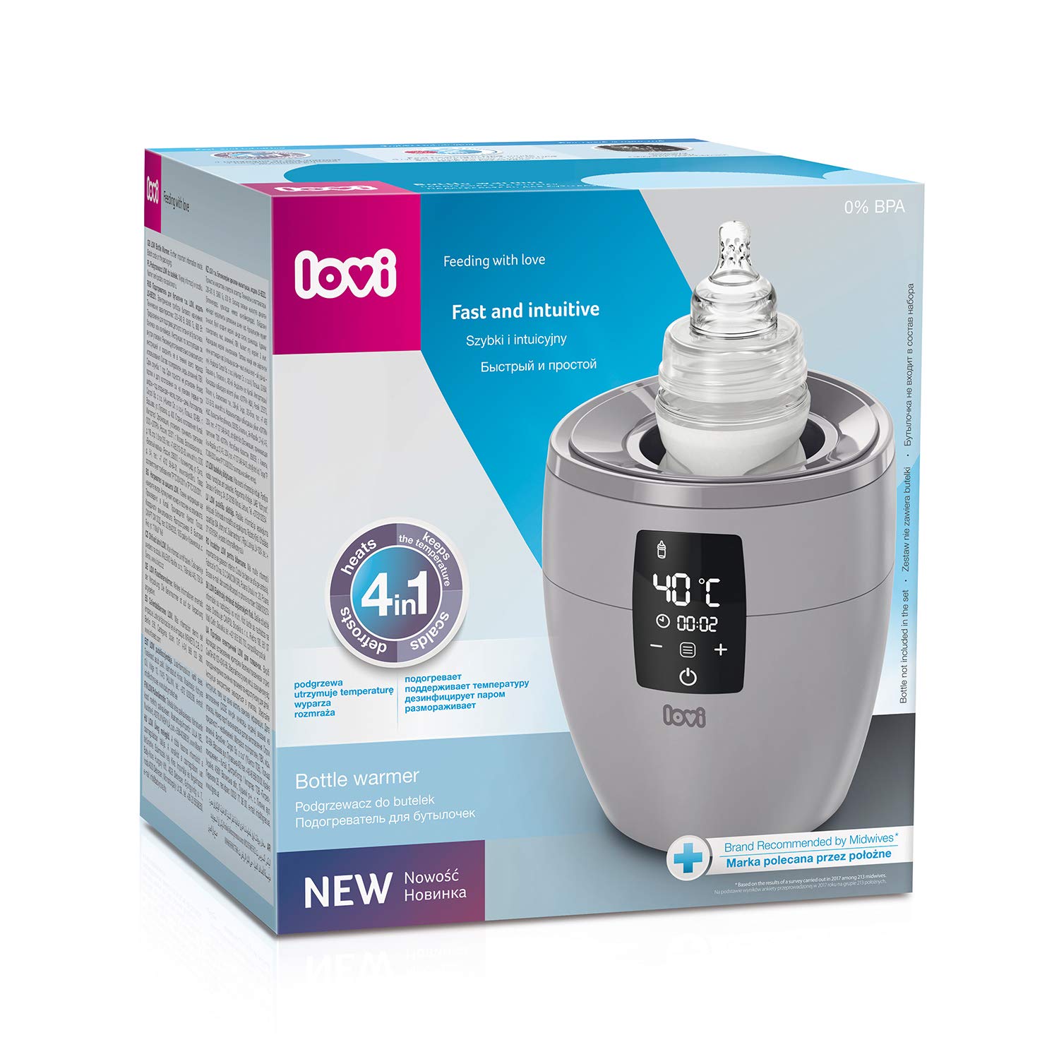 Lovi Fleswarmer, 4-in-1 sterilisator, 4 modi, verwarmt, ontdooid, steriliseert en houdt de temperatuur van levensmiddelen vast, eenvoudig te bedienen, grijs