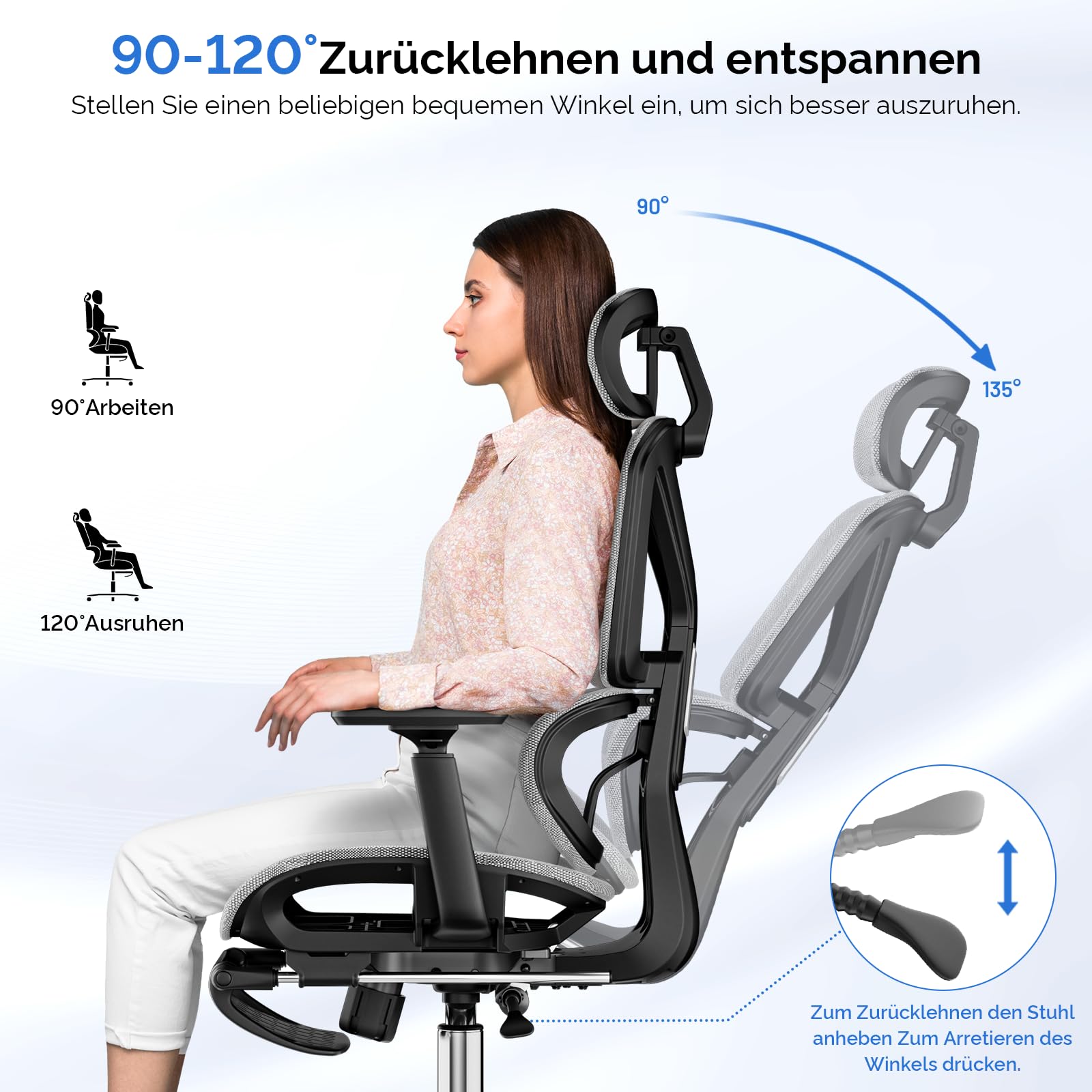 Bürostuhl Ergonomisch, Schreibtischstuhl mit Fußstütze, 90-120° Verstellbare Rückenlehne, Office Chair Lendenwirbelstütze, 4D PUArmlehnen, Stabile Metallbeine, Extra Breites Kissen Büro Gaming Stuhl