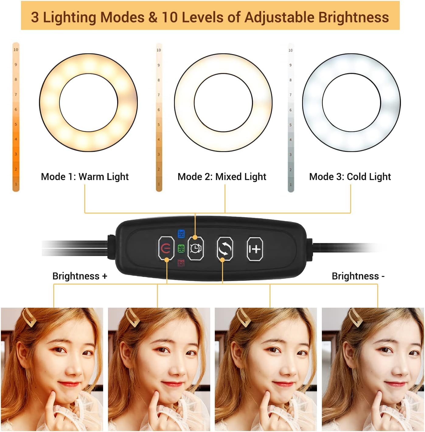 Andoer Clip-On LED Ring Light 3 Lighting Modes, USB Fill-in Lamp Dual Lights Dimmable Flexible Arms Design with Phone Holder for Live Video Chatting Selfie