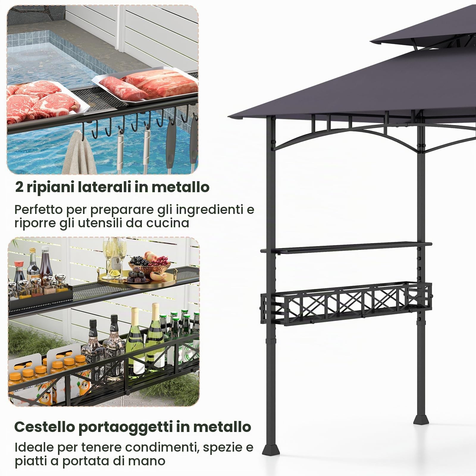 HOMASIS Gazebo per Barbecue con Tettoia Laterale, Pergolato da Giardino con Doppio Tetto, 2 Tavoli e Ganci, Pergola Addossata per Esterno, Gazebo per griglia/BBQ (Grigio Scuro, 242 x 153 x 250 cm)