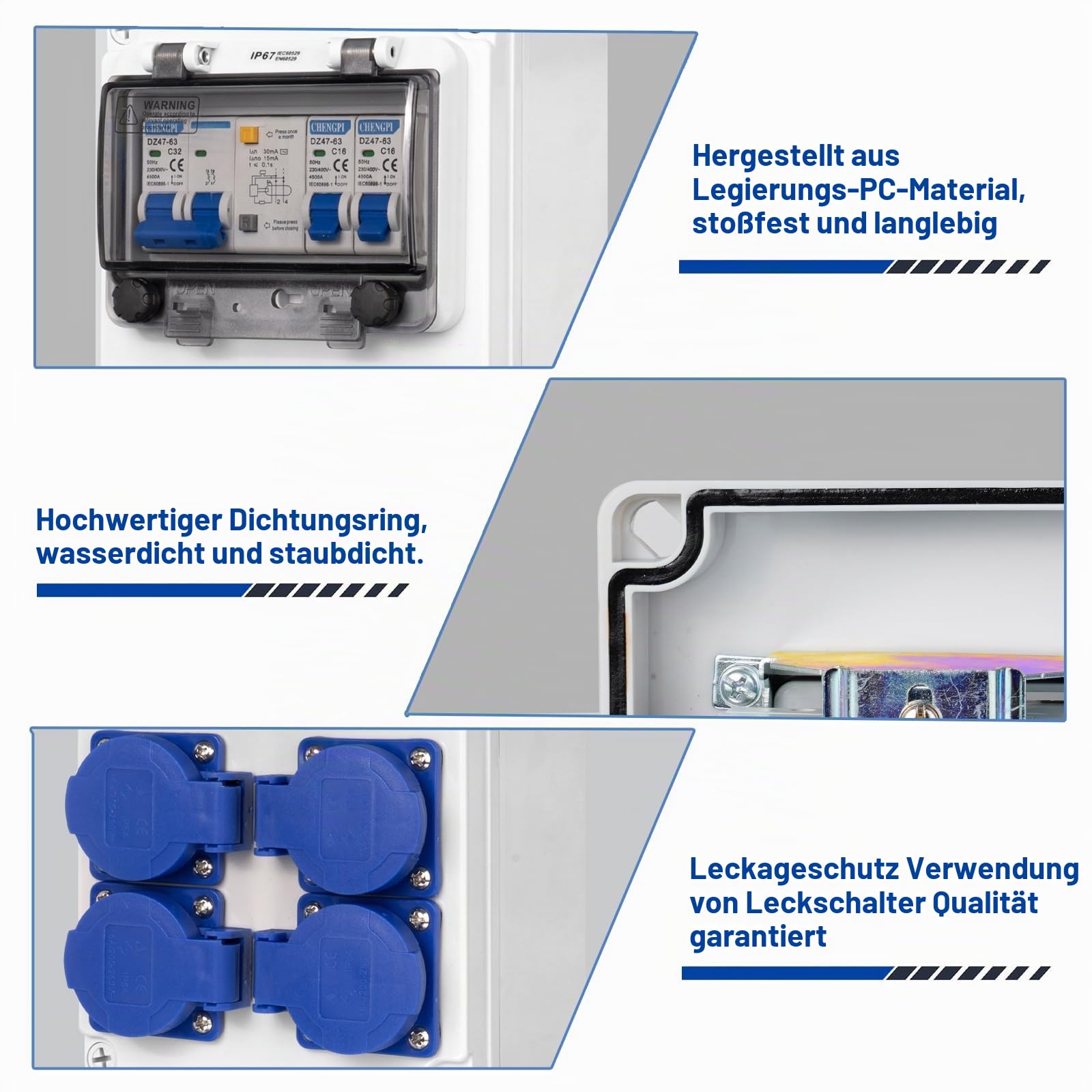 Baustromverteiler,Stromverteiler mit FI Schalter 2P+N 32A, Wandverteiler mit 4 AC Schuko Stecker 250V/16A,Aufputz Verteiler für Bauwesen,Industriell,Draußen