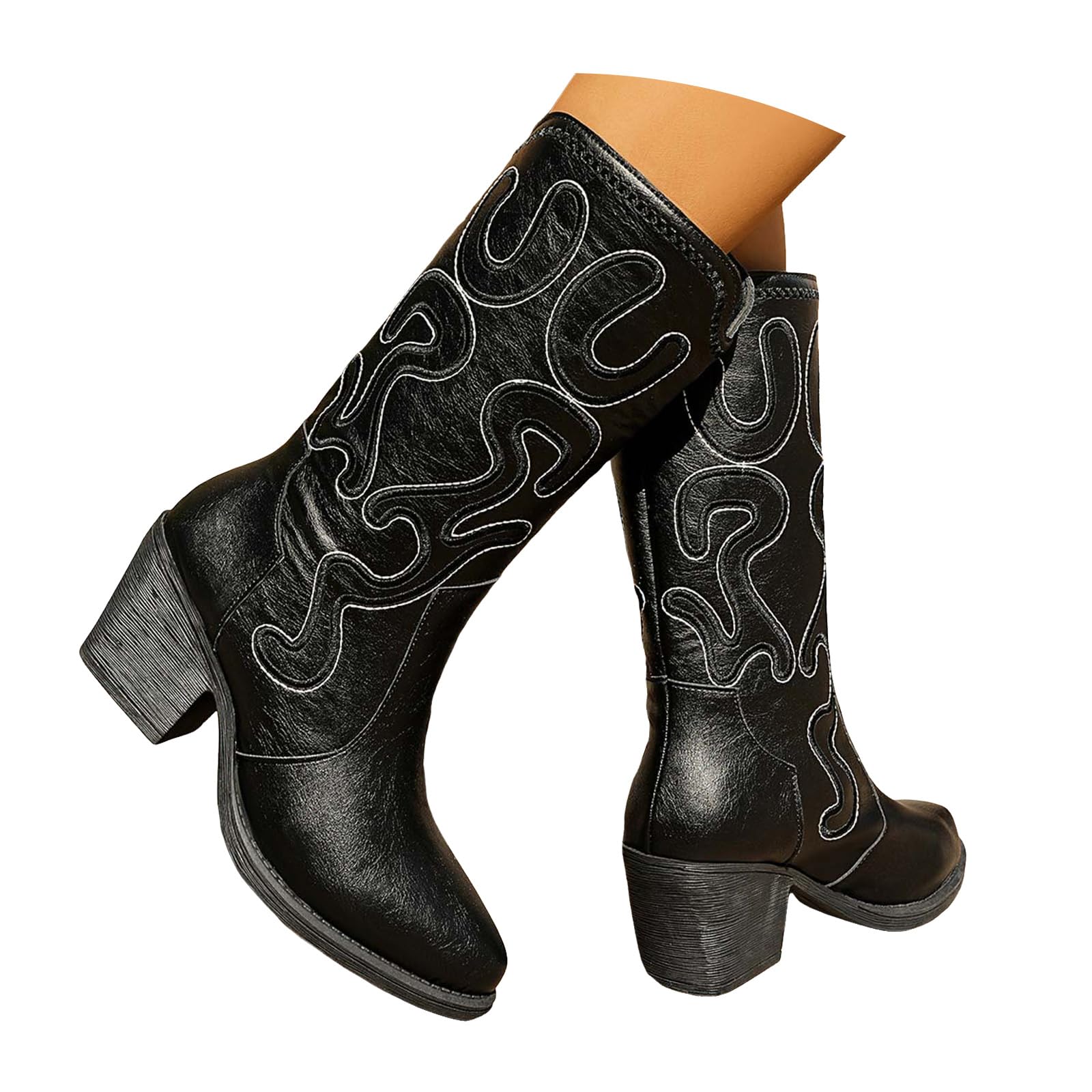 Cowboy Boots for Women Low Block Chunky Heel Western owgirl Mid Calf Boots Lace Up Pointed Toe Fashion