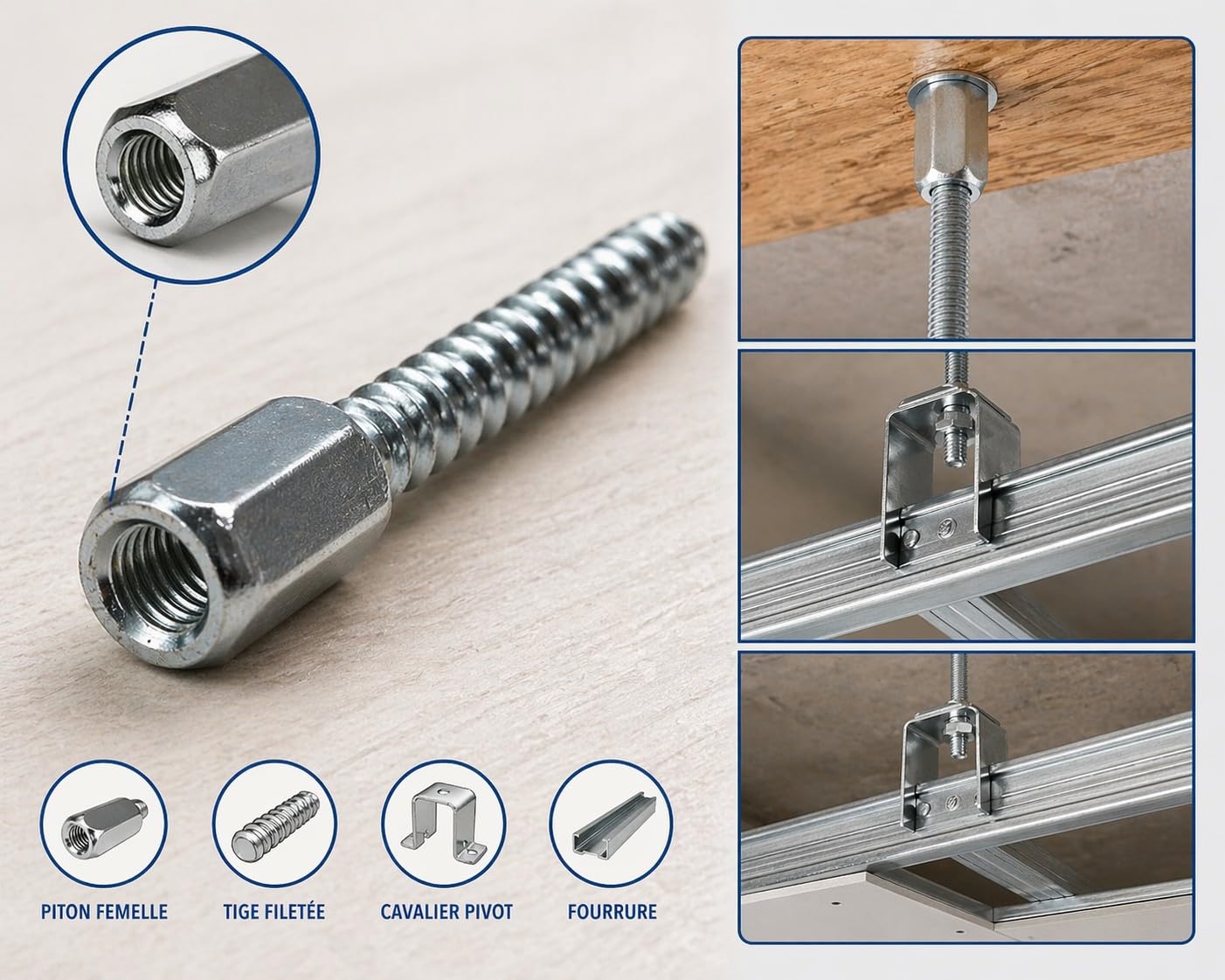 SEMIN Pitons Femelles pour Faux Plafond – Boîte de 100 – Fixation Tige Filetée D6 mm – Installation Ossature Placo & Fourrures – Pose Rapide et Solide – Rénovation Plafond Intérieur